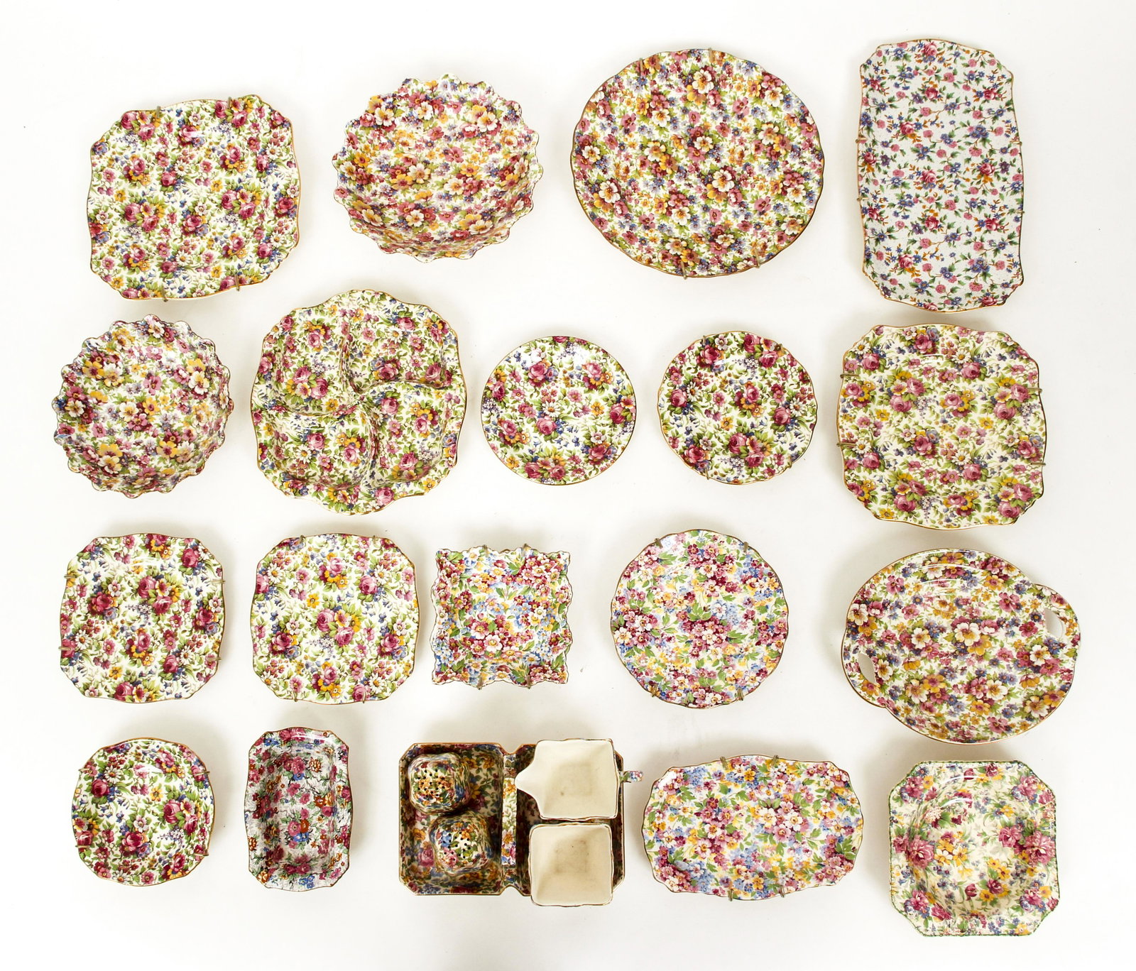 Assorted Chintz porcelain Du Barry and others: Assorted Chintz ware incl. Du Barry by James Kent, Longton Apple Blossom, Royal Winton Summertime, incl. saucers, salt and pepper, shallow bowls, sweetmeat plates, and desert plates