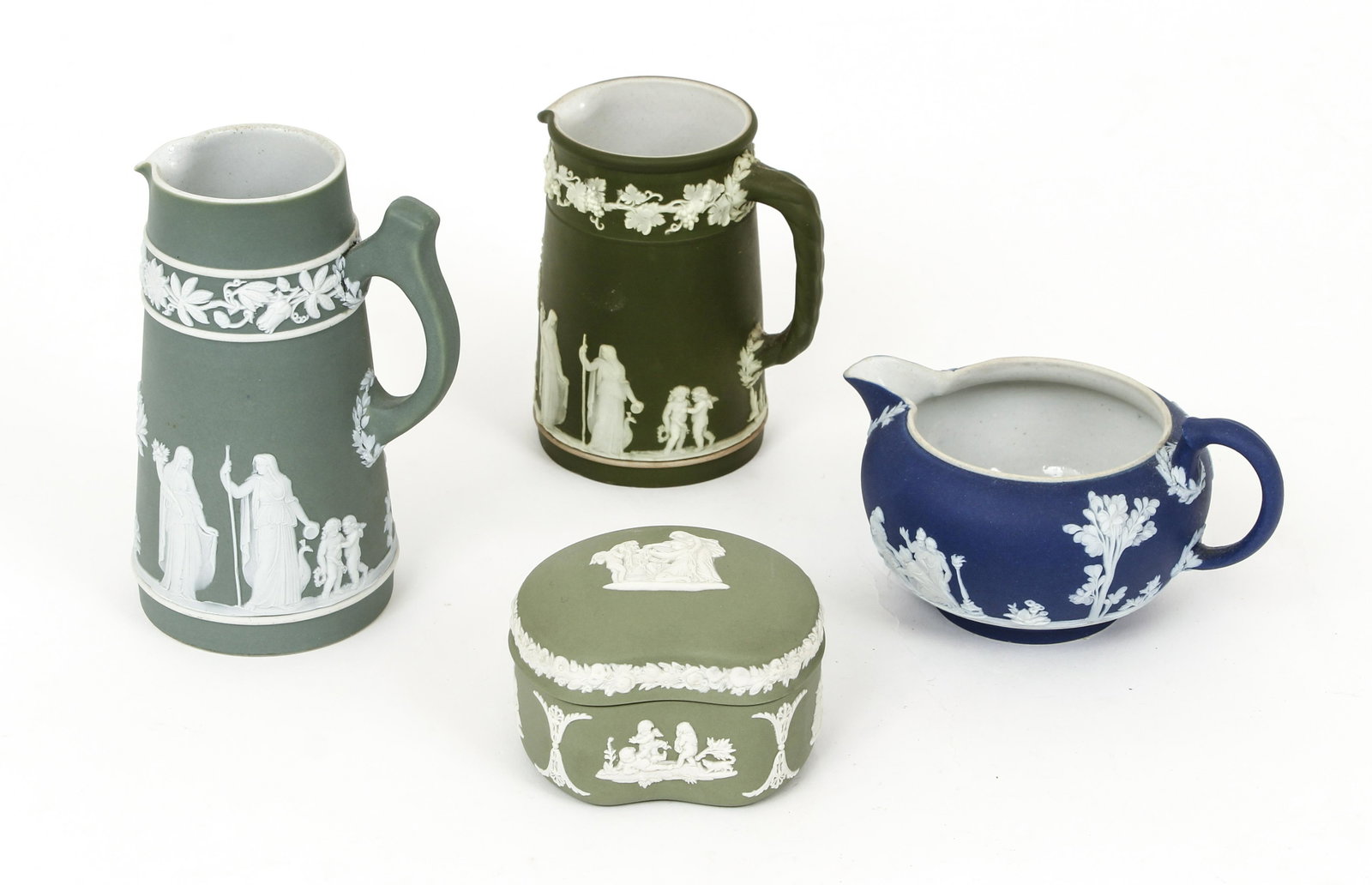 4 pieces assorted Wedgwood: 3 creamers and a patch box, tallest is 5 inches, all marked.