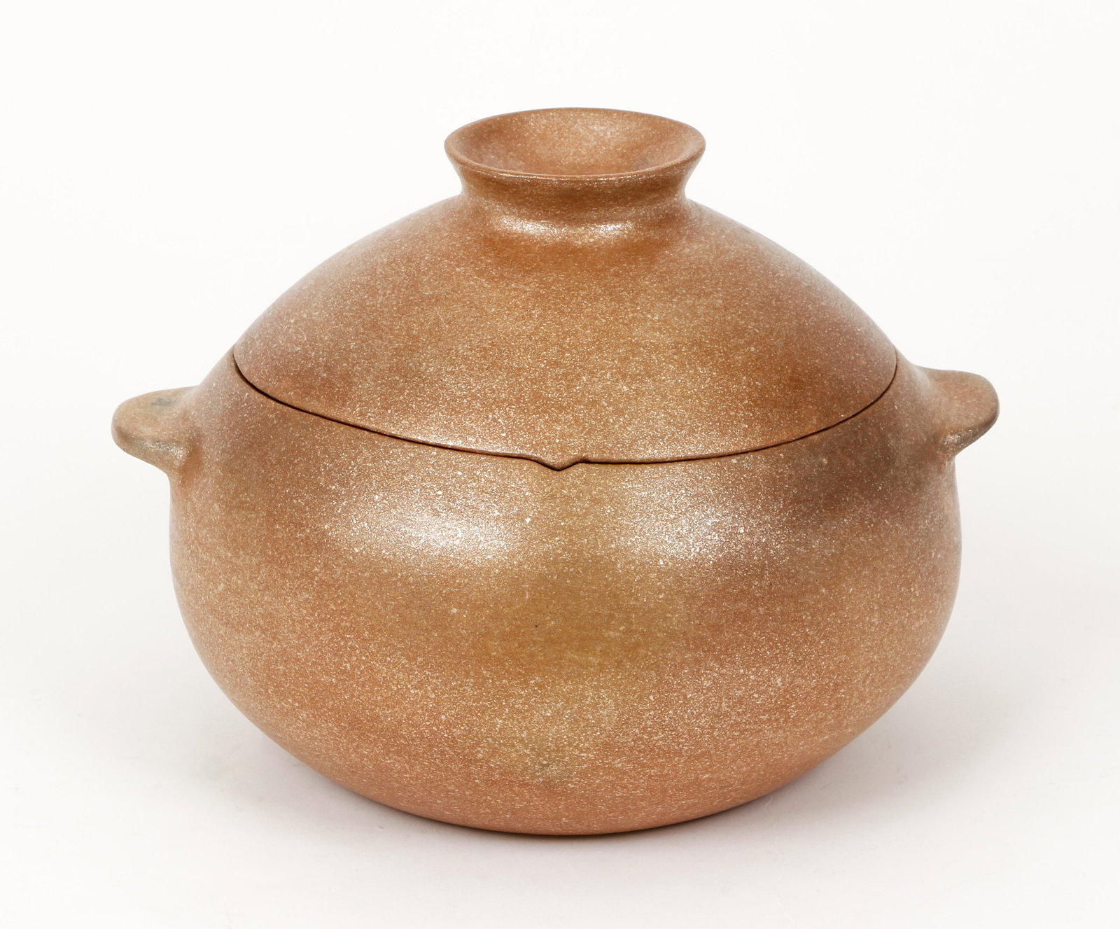 Contemporary Mezo-American inspired lidded pot: Lidded Pot with matte brown glaze, 8.5 x 11 inches
