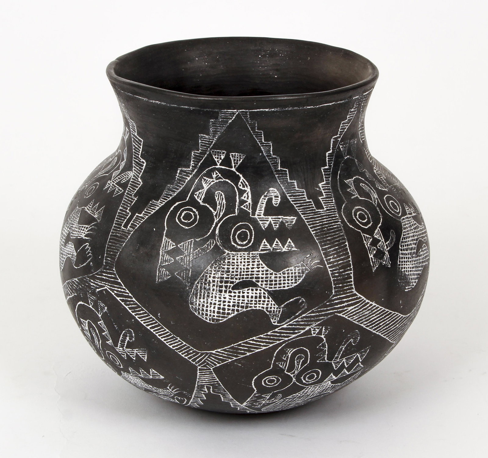 Mexican Ceramic Pot Mythology: Mexican ceramic pot with mythological figures, height 6.25 inches, likely 20th century.