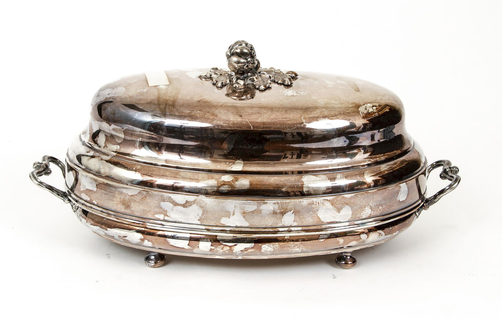 Large Lidded Warming Tray: Metal lidded warming tray, 3 pieces: lid, tray and base, tray stamped twice, attractive finial, 12 x 20 x 7 inches.