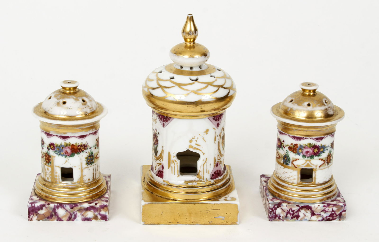 3pc French Empire Garniture Set: 3 piece French Empire Garniture Set with floral motif, tallest piece 7.25 inches height, other two 4.75 inches height.