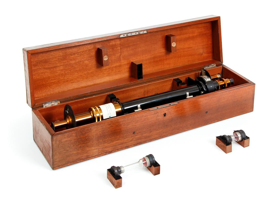 Schmidt Haensch Brass Saccharimeter 8382: Saccharimeter made by Schmidt and Haensch of Berlin, Germany, c. 1910, brass components and black metal body, marked item No. 8382, 24 inches, manufacturer's label and original paper slip present, inc