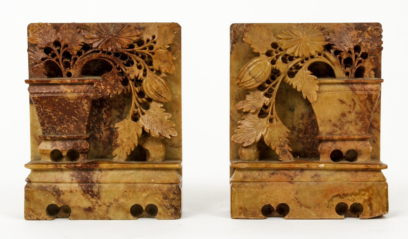 Carved Marble Bookends: Pair of carved marbled bookends, 5.5 x 4.25 inches.