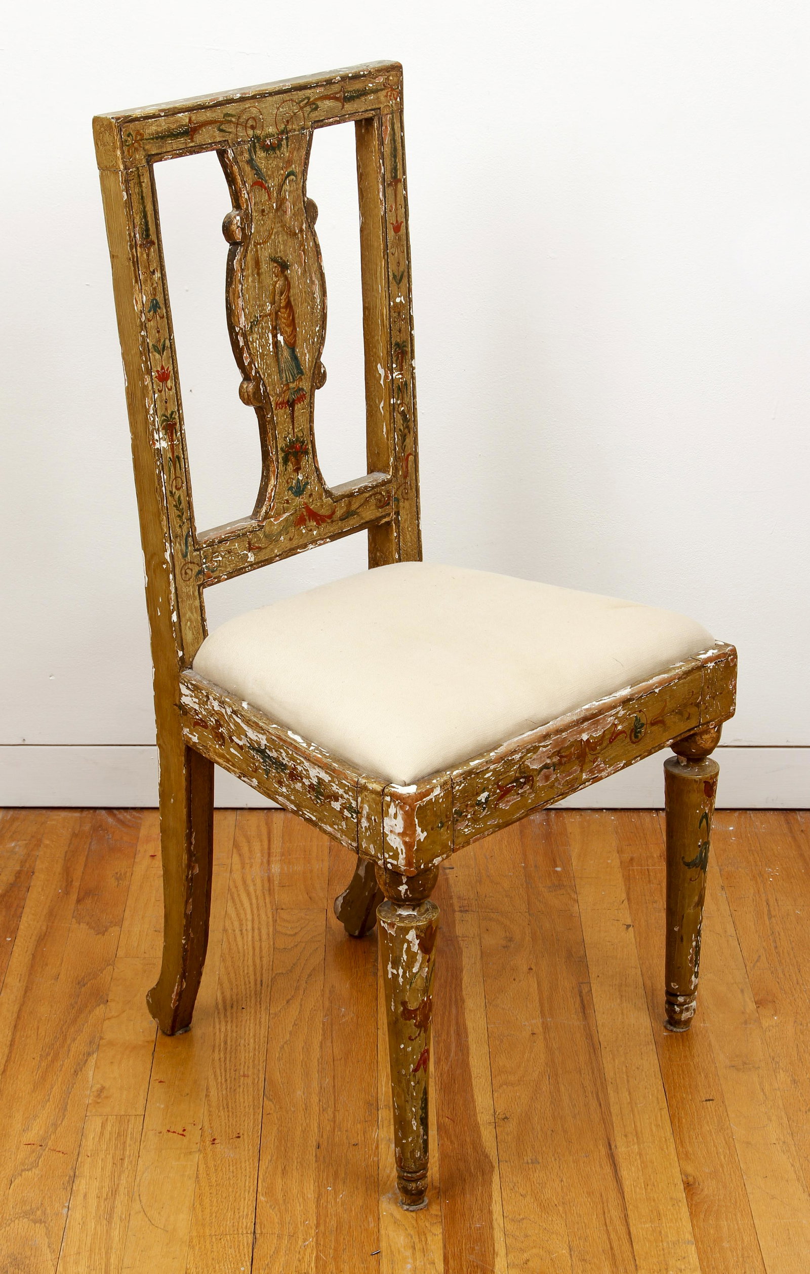 Painted Wood French Side Chair: Painted Wood French Side Chair, early 20th century, 37.5 inches tall, seat 19.5 inches wide.