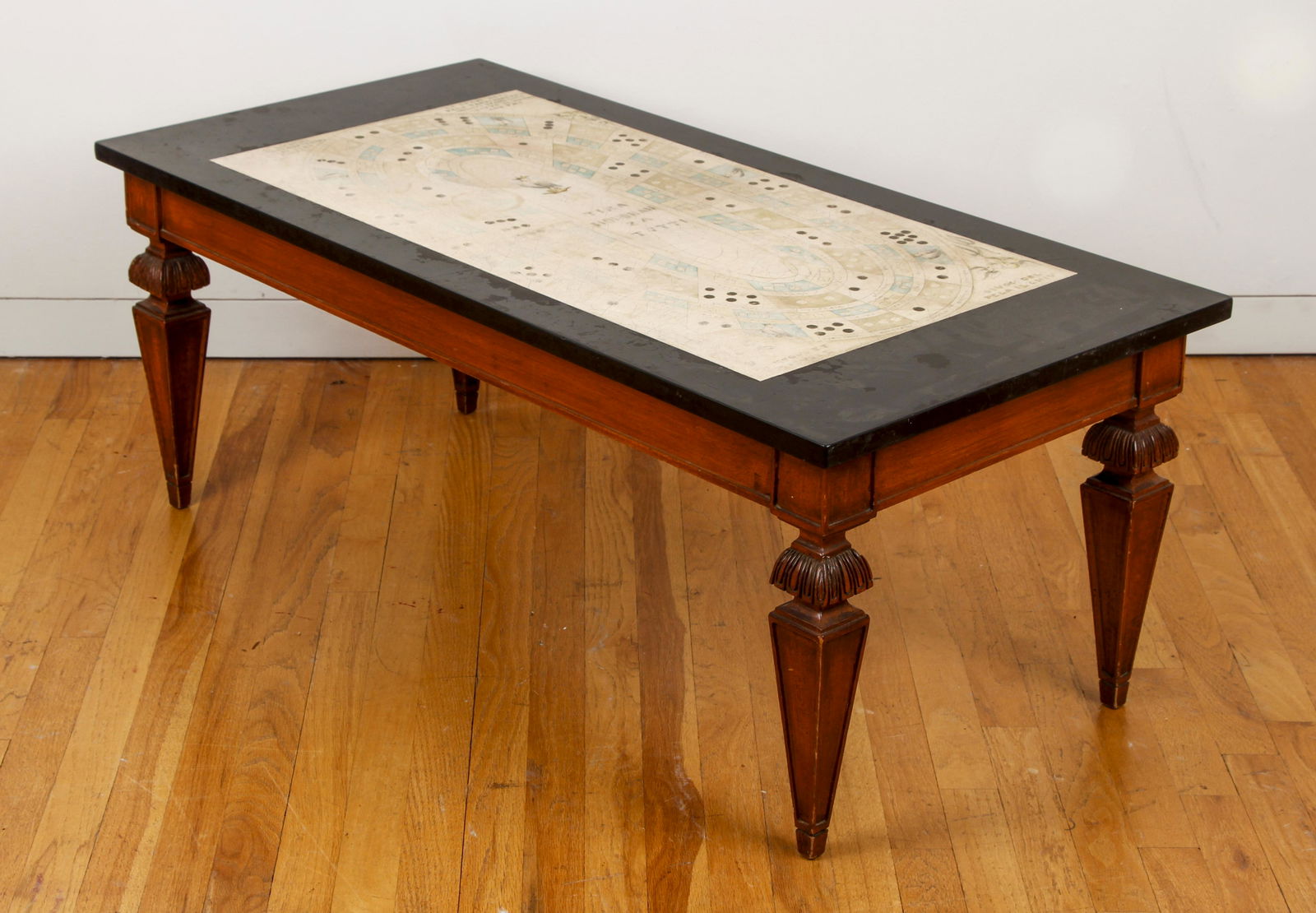 20th century Coffee Table Faux Italian Mosaic: Coffee Table, 20th century, wood base with faux-mosaic design on stone top, 17 x 45 x 22 inches, note on bottom says "Original by Niccolini, Italy."