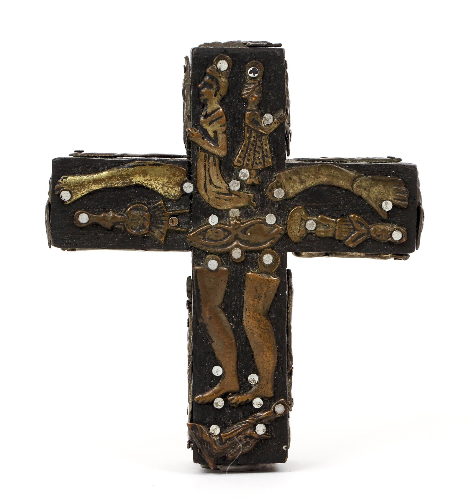 MEXICAN MILAGRO CROSS: 20th Century MEXICAN MILAGRO CROSS with many attached silver and brass Milagros, The Estate of Marc and Lillian Raeff, Tenafly N. J.