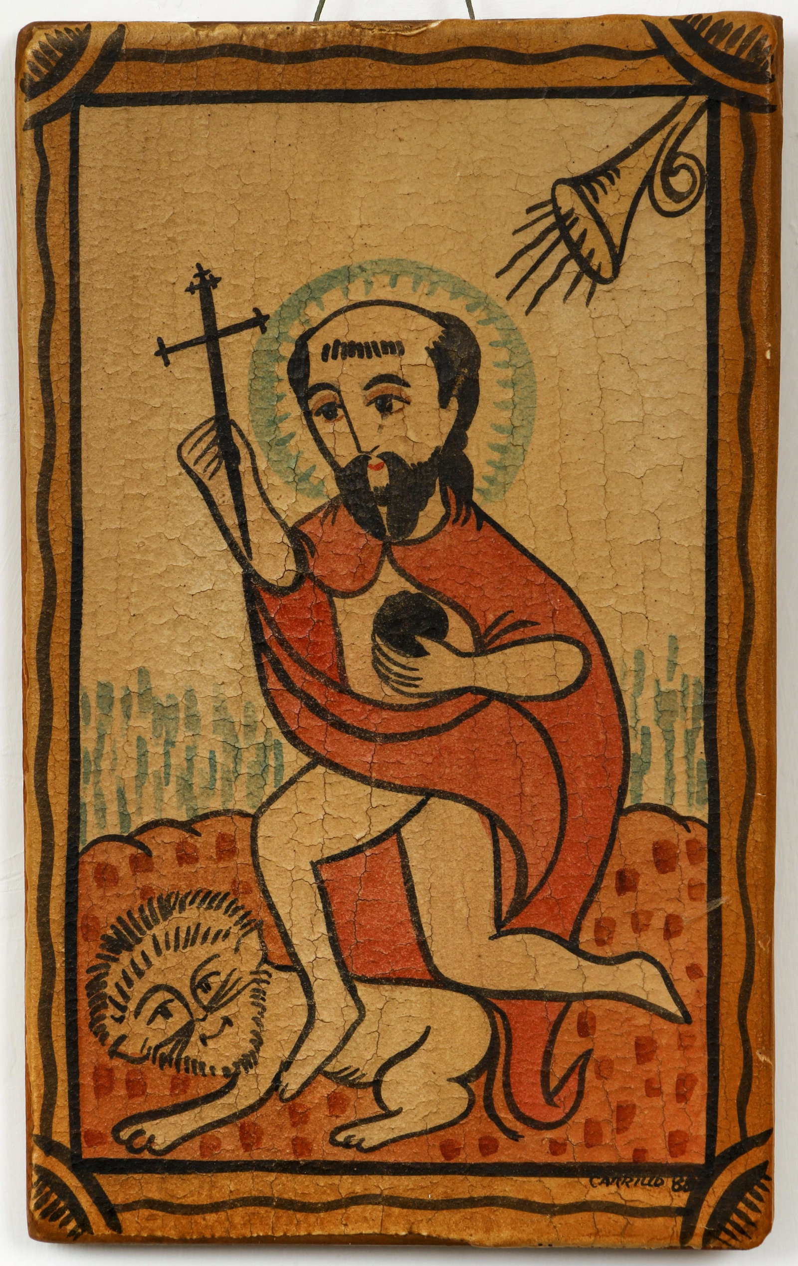 Charlie Carrillo retablo San Geronimo, 1988, N.M.: Carrillo, Charlie (Charles M.) (American, New Mexico, b. 1956), San Geronimo Sept. 30th, 1988, traditional Spanish Colonial retablo, homemade gesso, pigments, & pinon sap varnish on wood, 10 x 6 inche