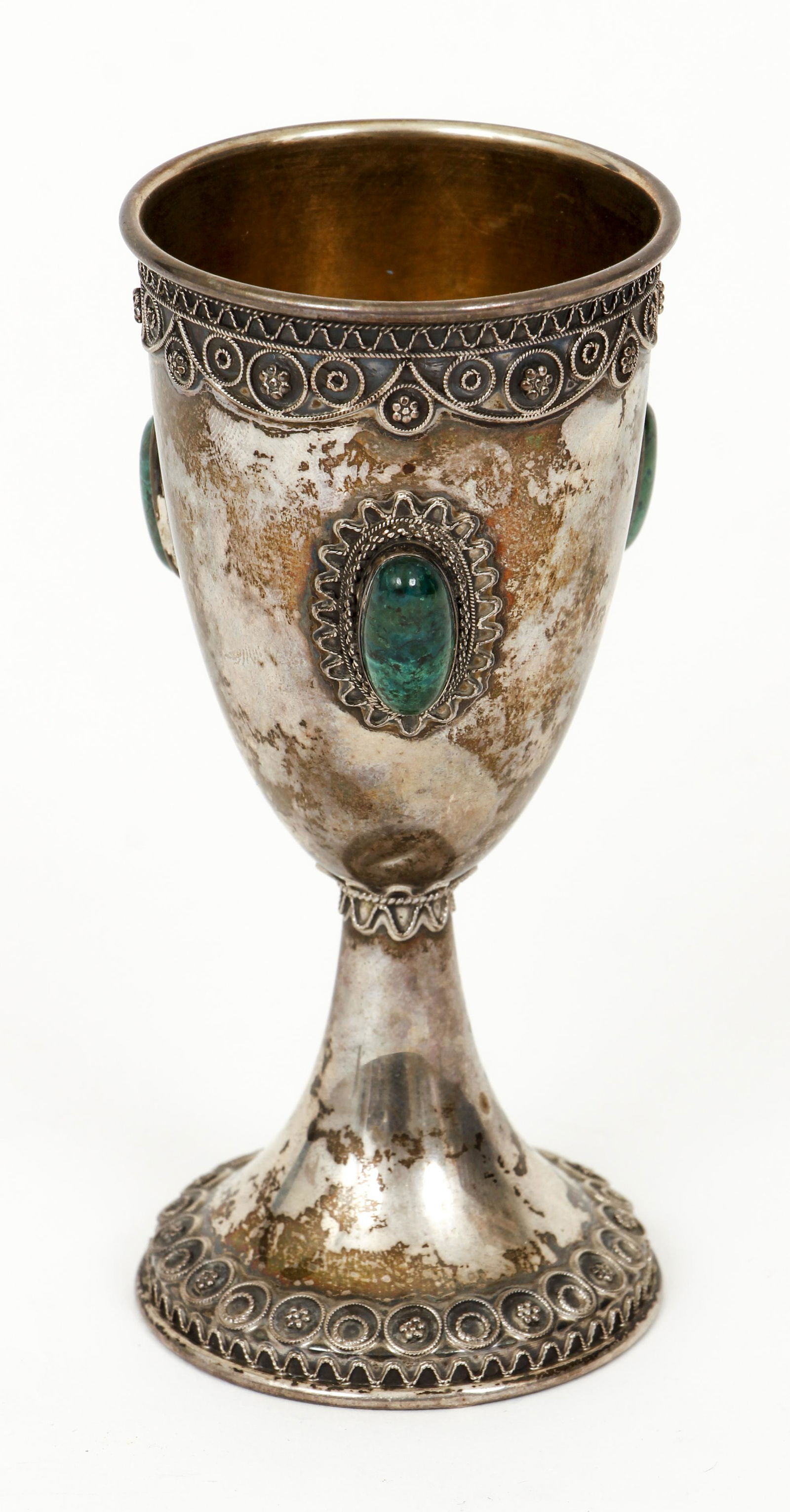 Malachite Kiddush Cup Judaica: Kiddush Cup with 3 malachite beads, height 4.5 inches, unmarked.
