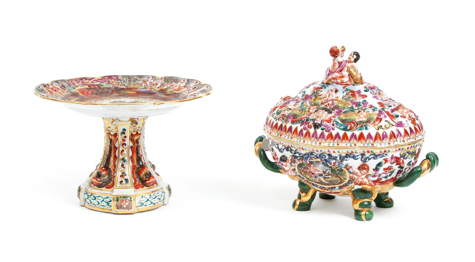 Capodimonte Porcelain Tureen and Tazza Painted: Capodimonte Painted Porcelain Lidded Tureen and Tazza, both stamped on base, tazza 7 inches tall and 10.5 inch diameter, tureen10 inches tall and 9.5 inches wide, both ornately and exquisitely decorat