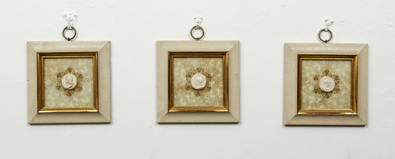 3 Grand Tour Plaster Cameos mounted to framed: 3 Grand Tour Plaster Cameos after Antiquity mounted to framed book end paper mounts , each measuring 7.5 x 7.5 inches
