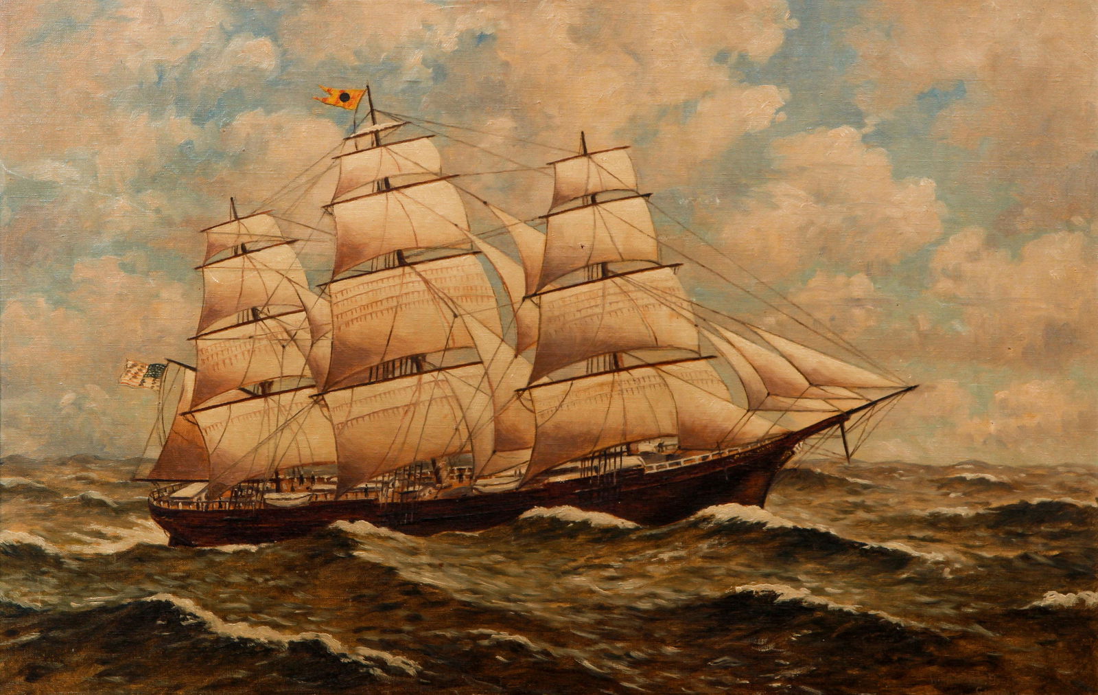 19th century Flensburg Germany Nautical Oil Ptg: 19th century German Nautical School, Large Sailing Vessel, oil on canvas, 19th century, signed by artist lower right along with Flensburg, Germany, signature appears to be W. Hiller or something simil