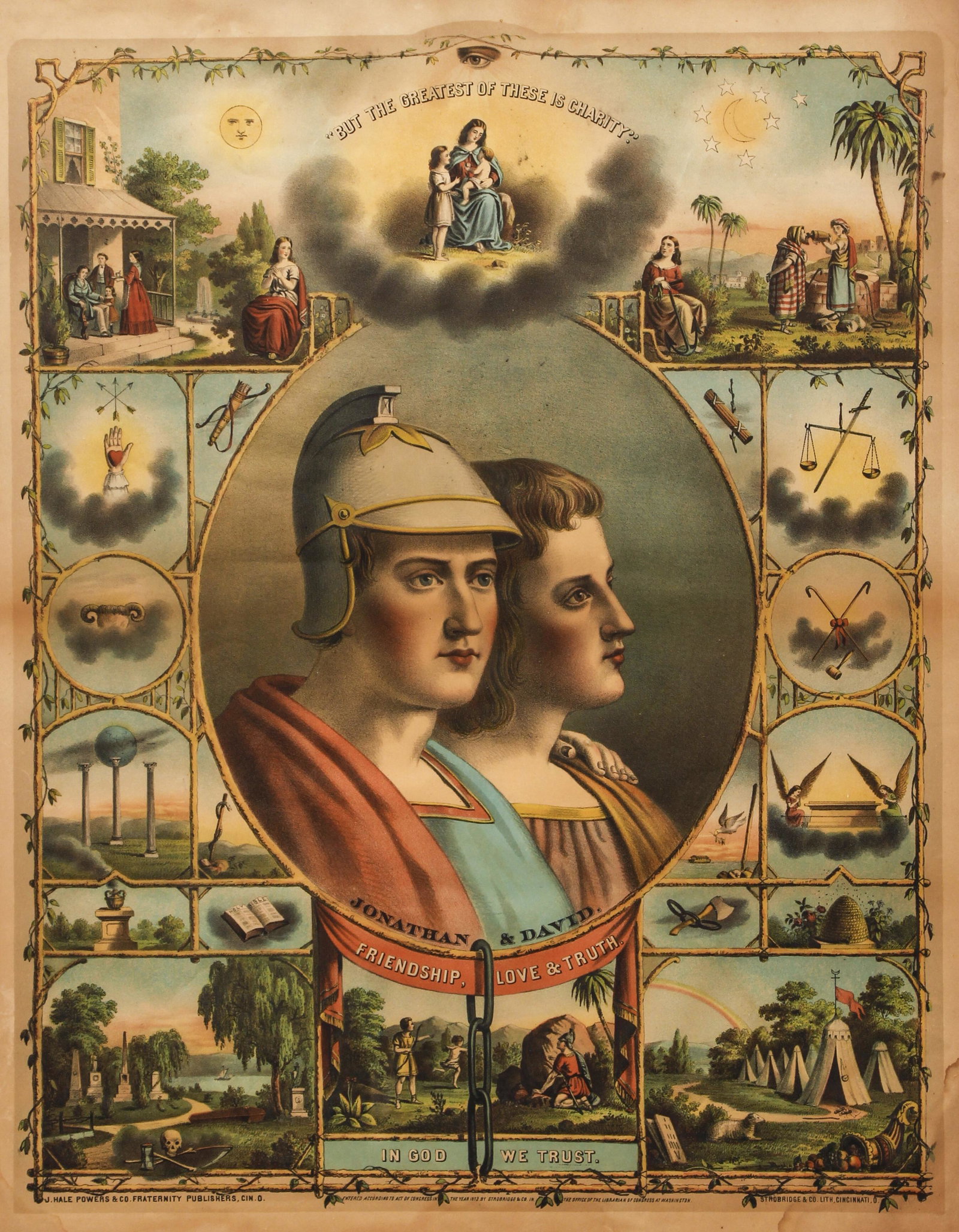 19th century colored Odd Fellows litho: 19th century Independent Order of Odd Fellows broadside, But the Greatest of the These is Charity, Jonathan & David, Friendship, Love & Truth, in God We Trust, colored lithograph, published by J. Hale