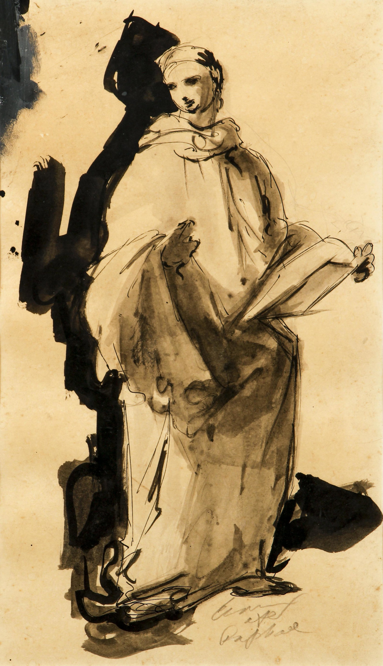 19th Century ink and wash drawing after Raphael: 19th Century School , Standing Figure after Raphael, ink and ink wash drawing, signed indistinctly and inscribed after Raphael, 13 x 7.75 inches, framed in a gilded and scroll corner Old Master style 