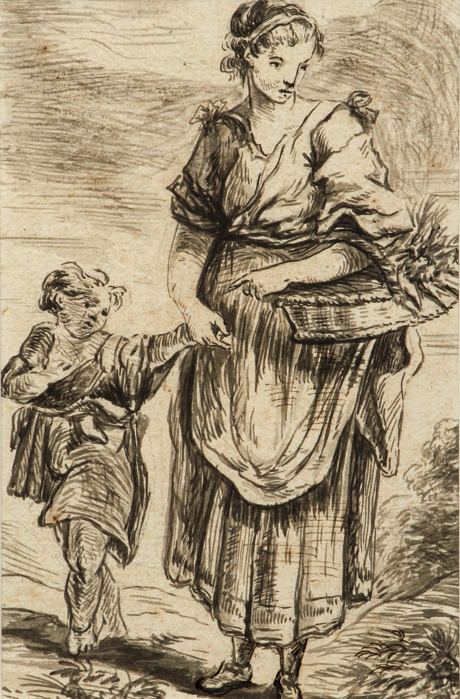 Country Mother and Child going to Market drawing: 19th/Early 20th Century English or Continental School, Mother and Child Going to Market, pencil drawing, 6 x 4 inches, framed in a Victorian Frame measuring 15 x 12 inches,