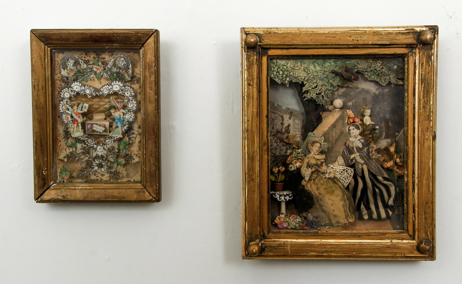 2 Framed Victorian Die Cut Embossed Paper & mixed media: 2 die cut and embossed Valentine with Lace and another of Ladies Sitting in a Park, London, 11.75 x 9.5 inches and 9 x 6.5 inches Valentine.