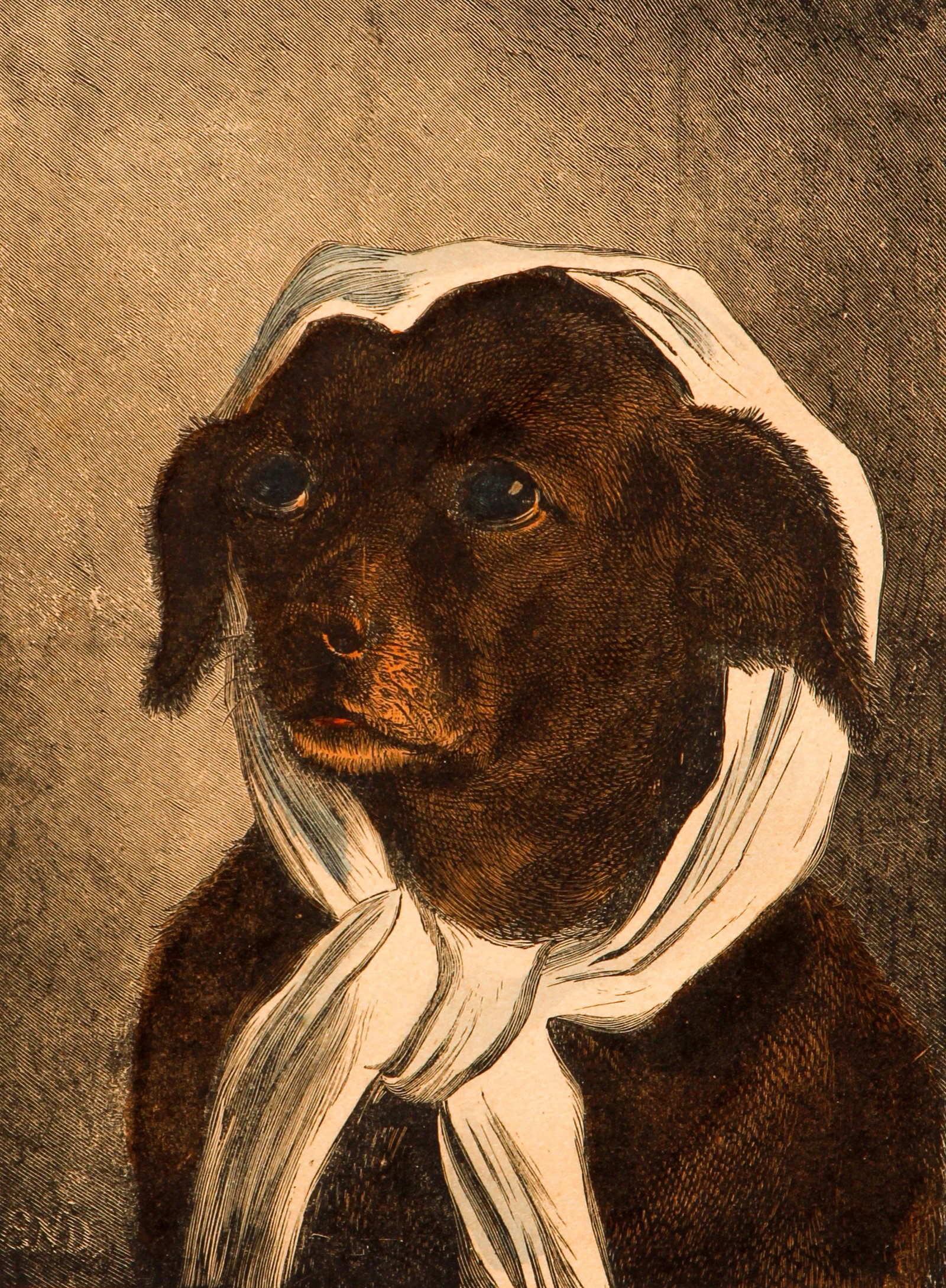 3 framed prints: 2 Hunt 1 Dog: 2 framed Hunt prints (1 larger framed size 29 x 38 inches) 1 smaller by John Leech 13 x 15.5 inches framed , and a hand colored wood engraving of a dog wearing a headscarf measuring 16 x 13 inches