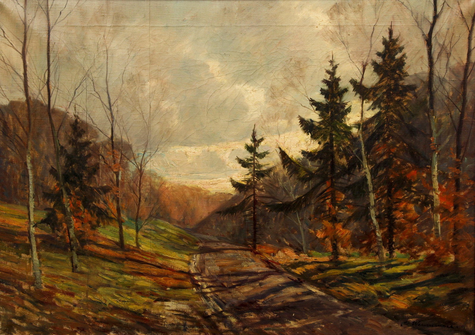 20th Century Mountainous Landscape painting: 20th Century Continental School, Mountainous Landscape Road, oil on canvas, 18 x 26 inches, signed indistinctly lower right, framed measuring 22 x 29.5 inches