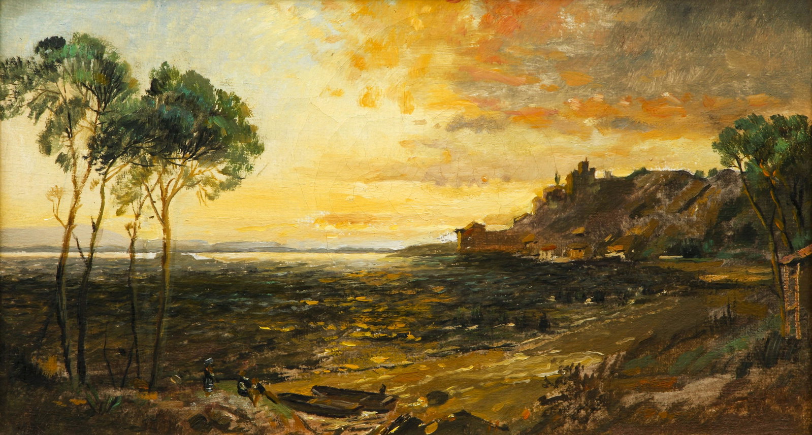 European School Coastal Seascape oil: 20th Century European School, Sunset at the Coastline, oil on canvas, 7.25 x 13 inches, framed measuring 10 x 15.75 inches