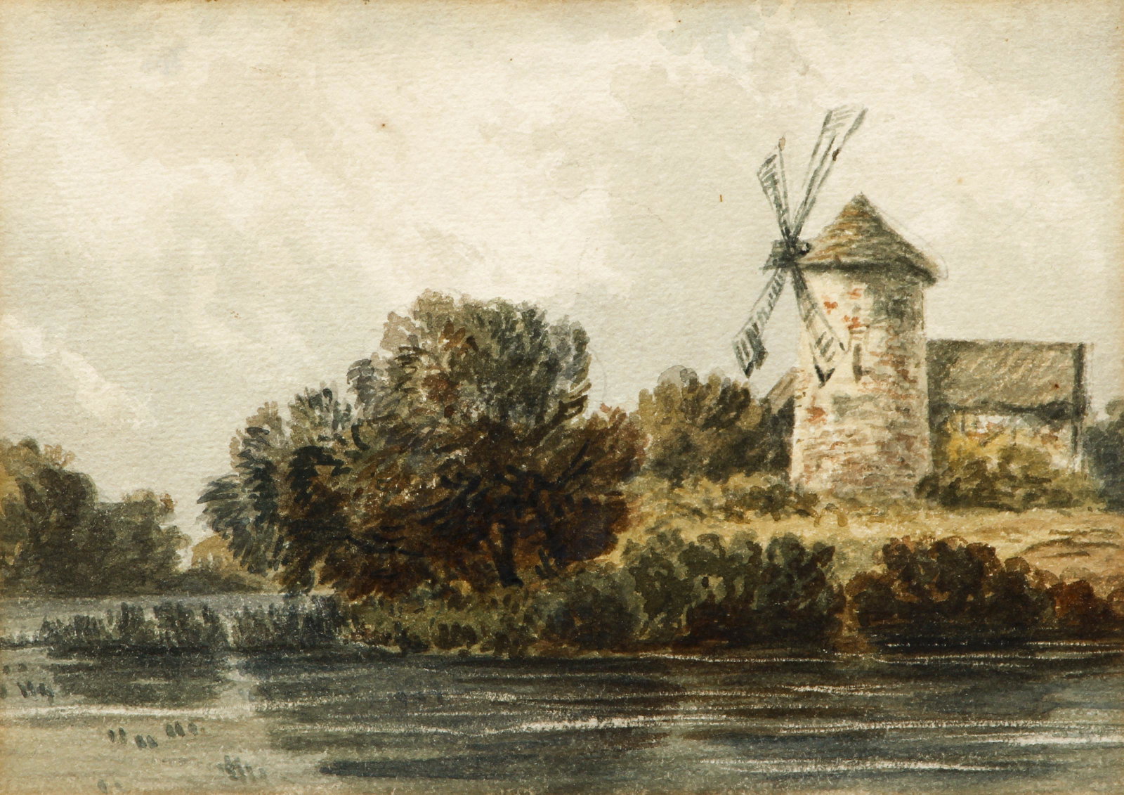 Watercolor landscape with Windmill 20th cent: Early 20th Century Landscape School, Landscape with Windmill, watercolor, 8.25 x 8.5 inches, framed measuring 11 x 12.5 inches.