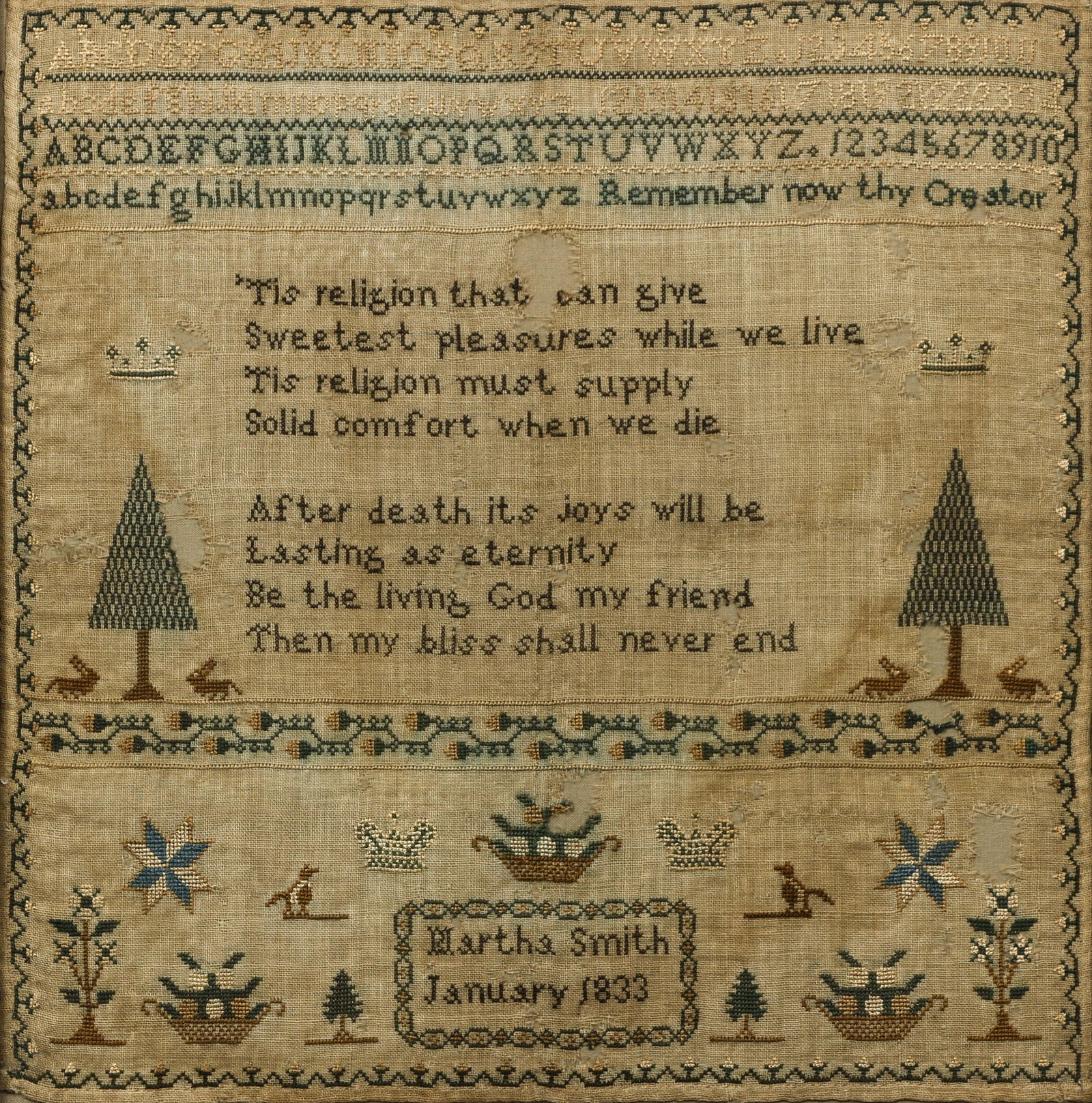 1833 Alphabet and Poem Sampler Martha Smith: Alphabet and Poem Sampler by Martha Smith, dated January 1833, likely British, also includes pine trees, rabbits and other decorative plans and designs, 13 x 12.75 inches, in a wooden frame.