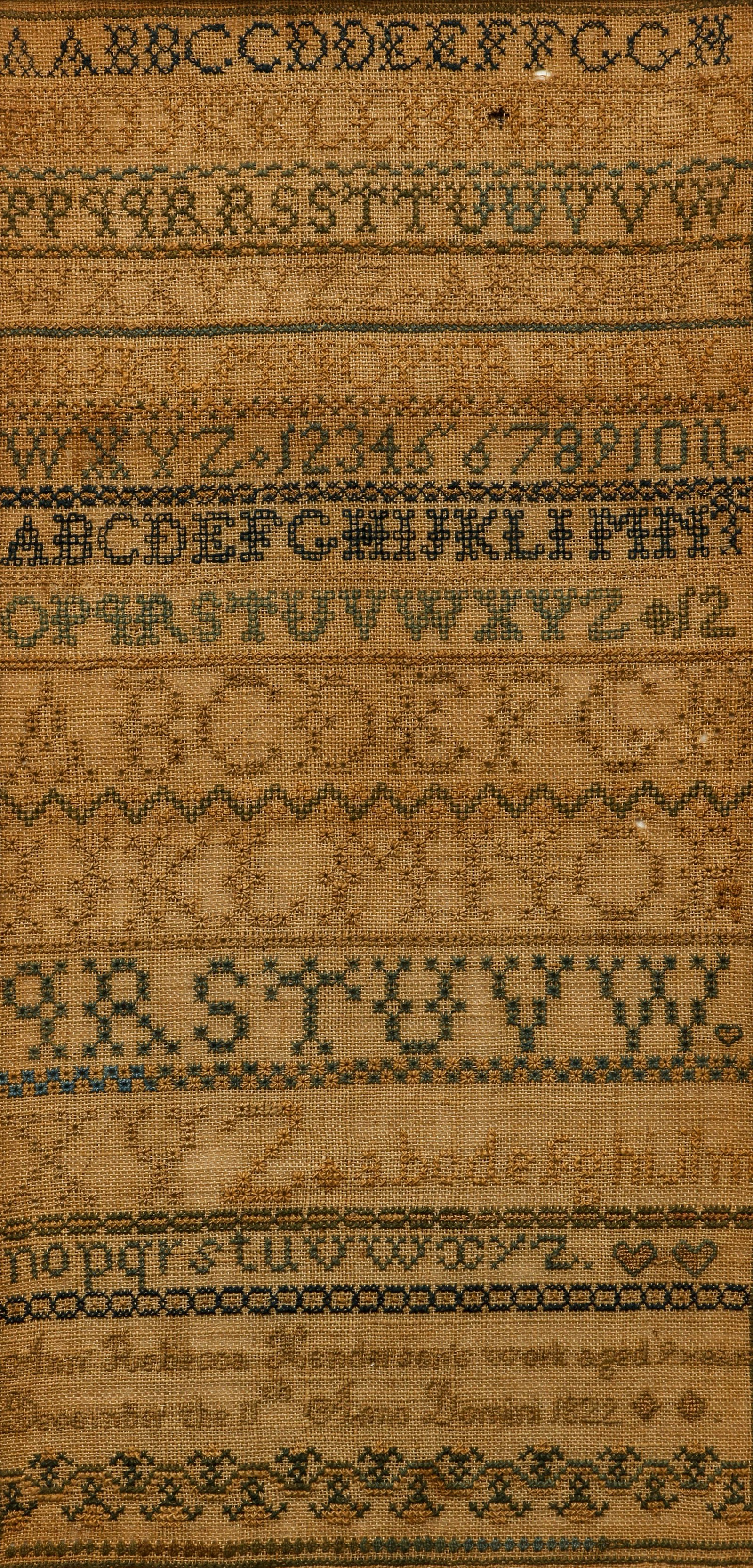 1822 British Alphabet Sampler Henderson: British Alphabet Sampler, 1822, created by Ann Rebecca Henderson who was then 9 years old, 17 x 8.5 inches, framed.