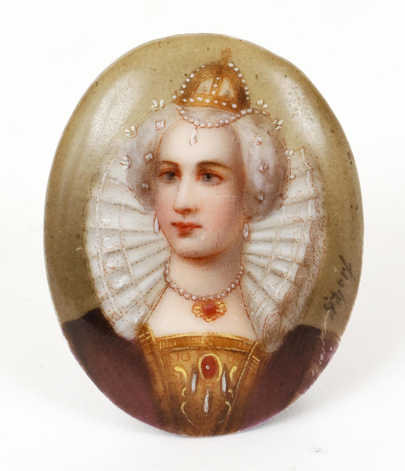 Antique miniature Elisabeth d'angleterre Queen: Antique Elisabeth d'angleterre Queen Elizabeth I Hand Painted Portrait Porcelain measures approx. .1.5 '' Tall and 1.25 " Wide. Titled on the reverse