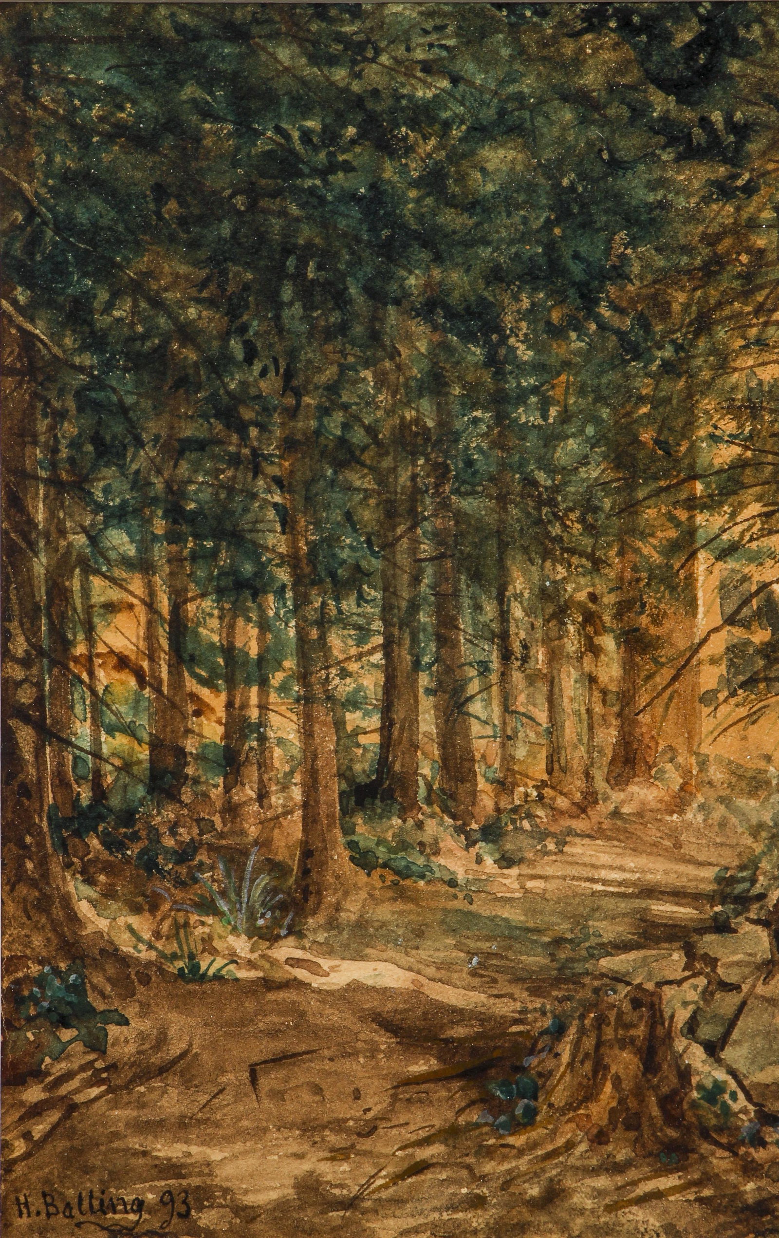 H. Balling watercolor Path in The Woods: Balling, H. (late 19th Century American School), Pathway in the Woods, watercolor, 6 x 4 inches, signed and dated lower left, framed 11 x 8.5 inches.