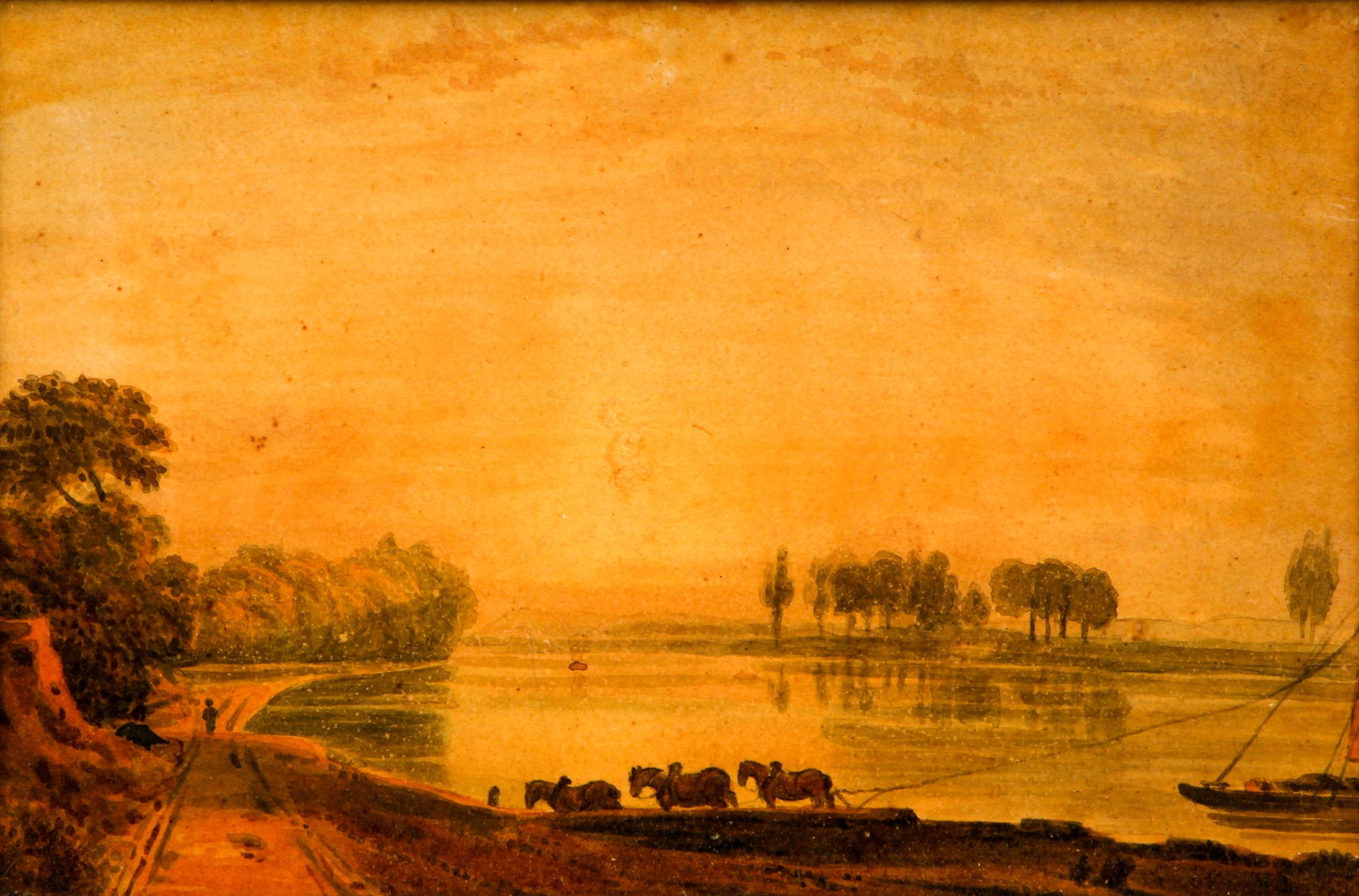 George Barret Jr. Twilight Landscape watercolor: Barret Jr. George (United Kingdom 1767 - 1842), Twilight with Horses Pulling Trawler, watercolor with body color, 5.5 x 8.5 inches, framed measuring 9 x 11.75 inches