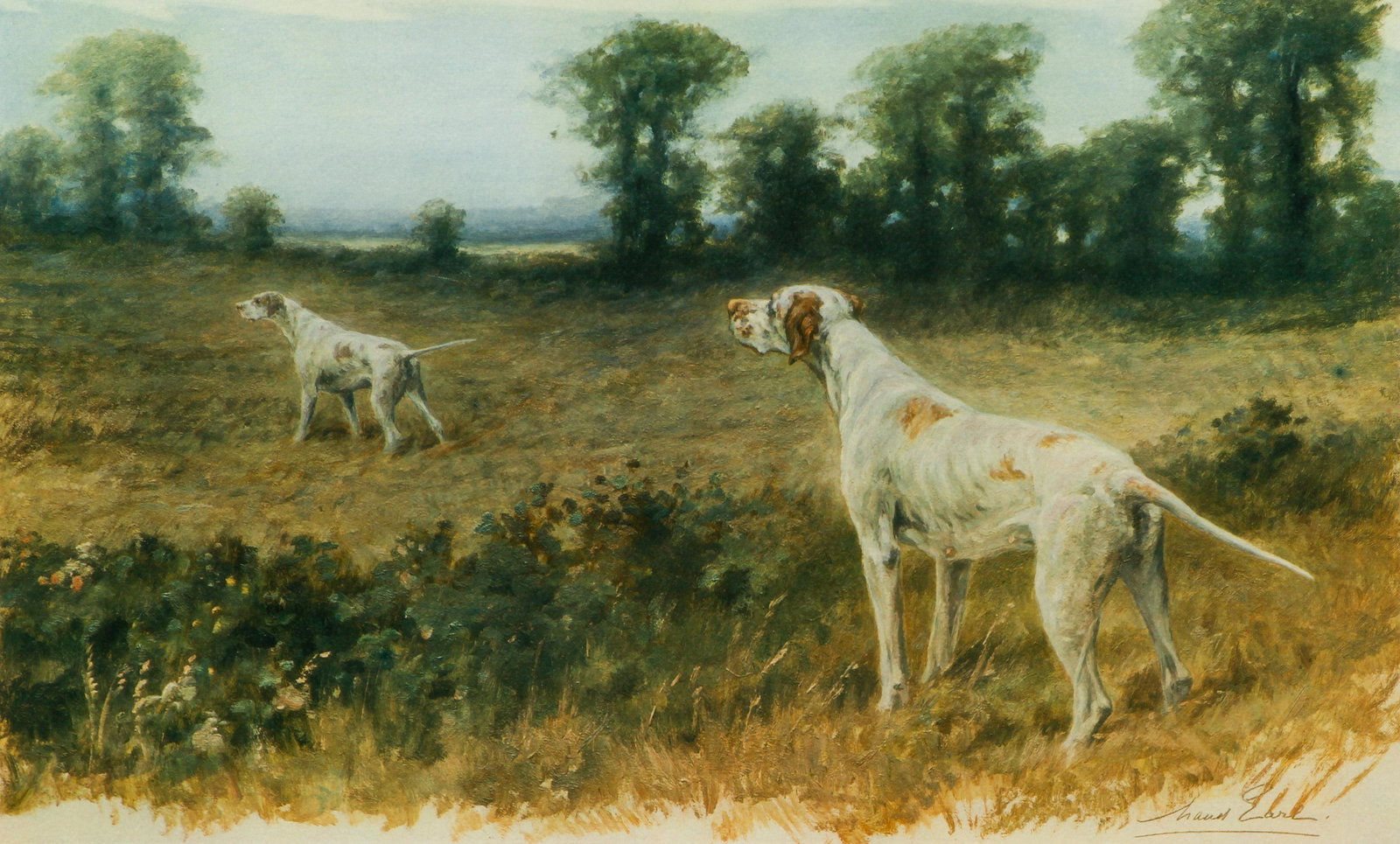 Maud Earl signed print Hunting Dogs: Earl, Maud (English, 1864-1943), Two Hunting Dogs Pointing in a Field, 1906, photomechanical lithograph, 8.5 x 14 inches image, pencil signed lower left margin, farmed in a decorative wood burled fram