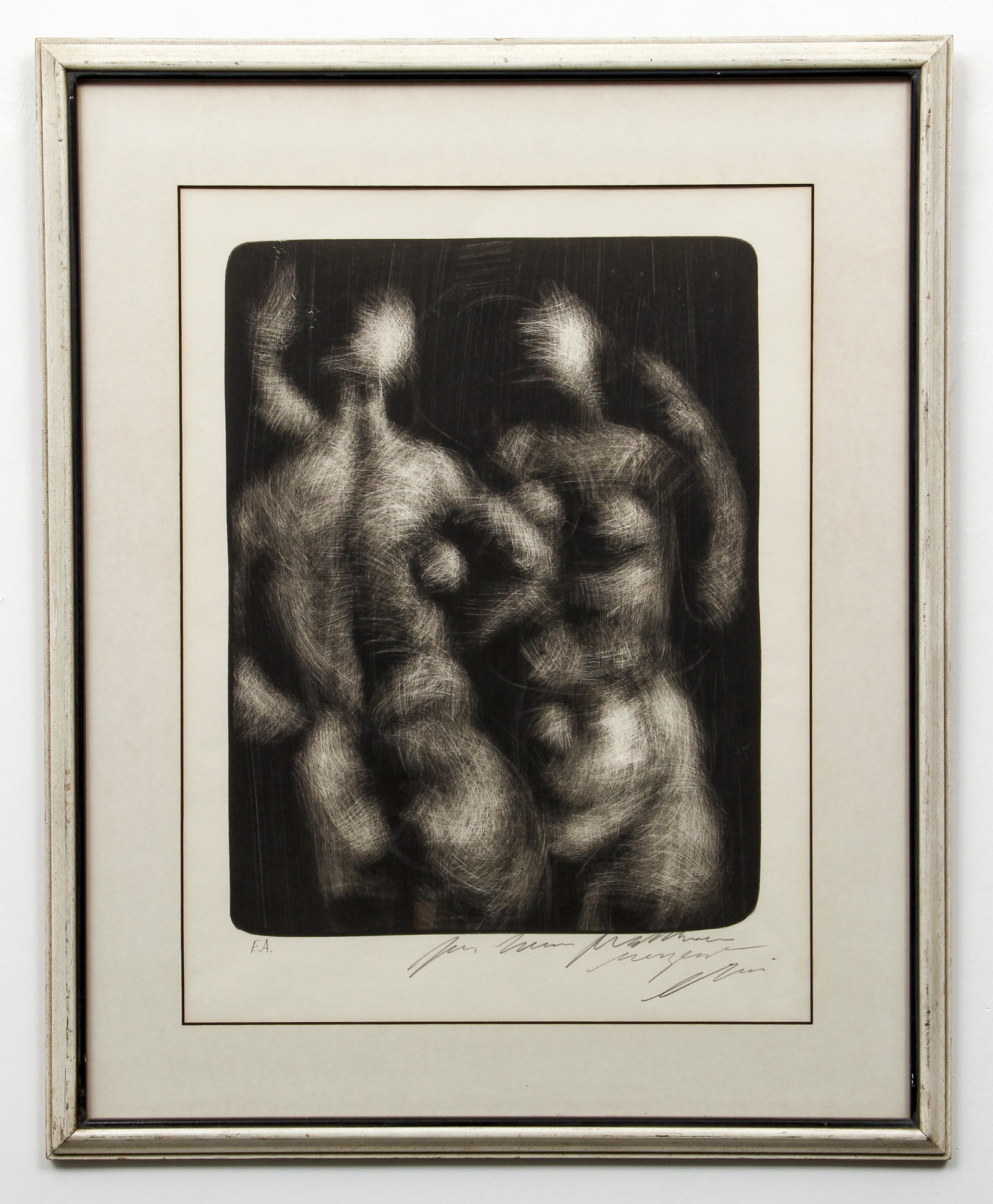 2 Hans Erni pencil signed lithographs: Erni, Hans (Swiss 1909-2015), 2 signed lithographs, Entwined Couple and Head of a Boy, 16.5 x 12.5 inches Couple, 23.25 x 18.5 inches Head, orig lithos, both pencil signed with illegible dedications,