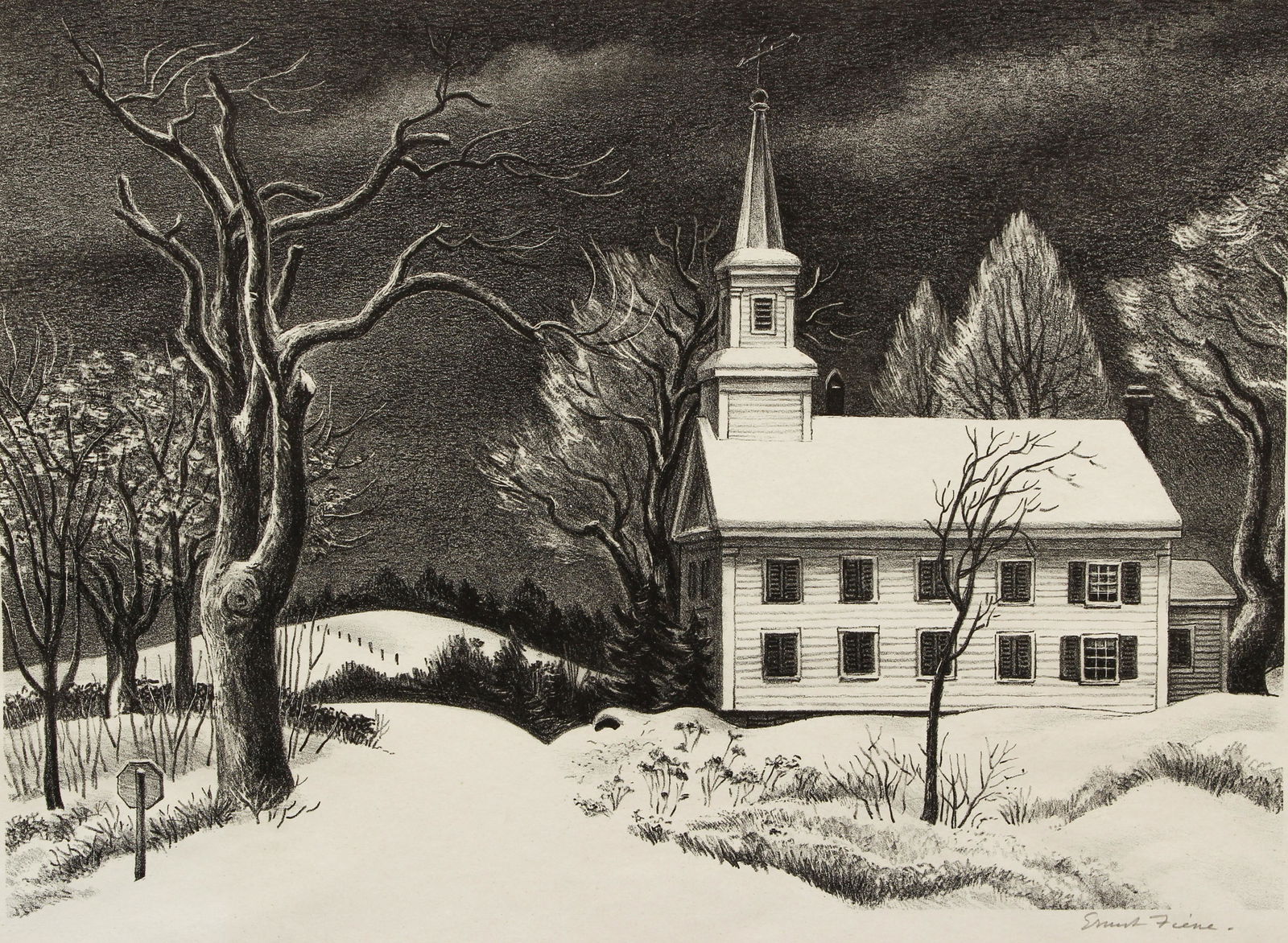 Ernest Fiene New Snow 1946 Signed Litho: Fiene, Ernest (American, 1894-1965), New Snow, 1946, lithograph, signed in pencil lower right, from an edition of 250, published by the Associated American Artists with the original label included, im