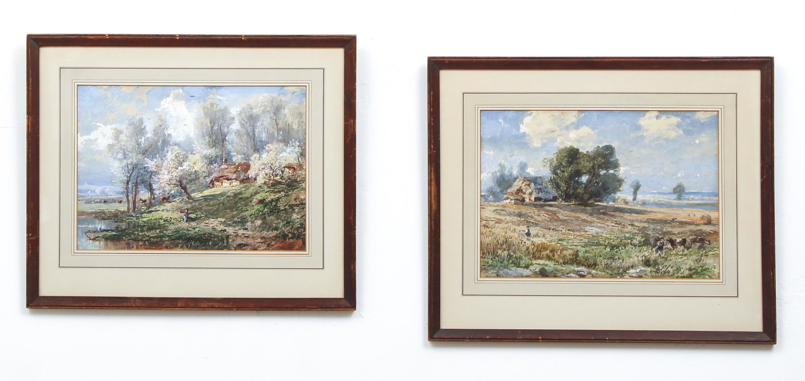 Regis Gignoux 2 Watercolors French Countryside: Gignoux, Regis (French/American, Hudson River School, 1816-1882), Group of 2 Paintings of Pastures in The French Seaside, c.1875, watercolors on paper, both unsigned, both 9.75 x 13.5 inches, matted a