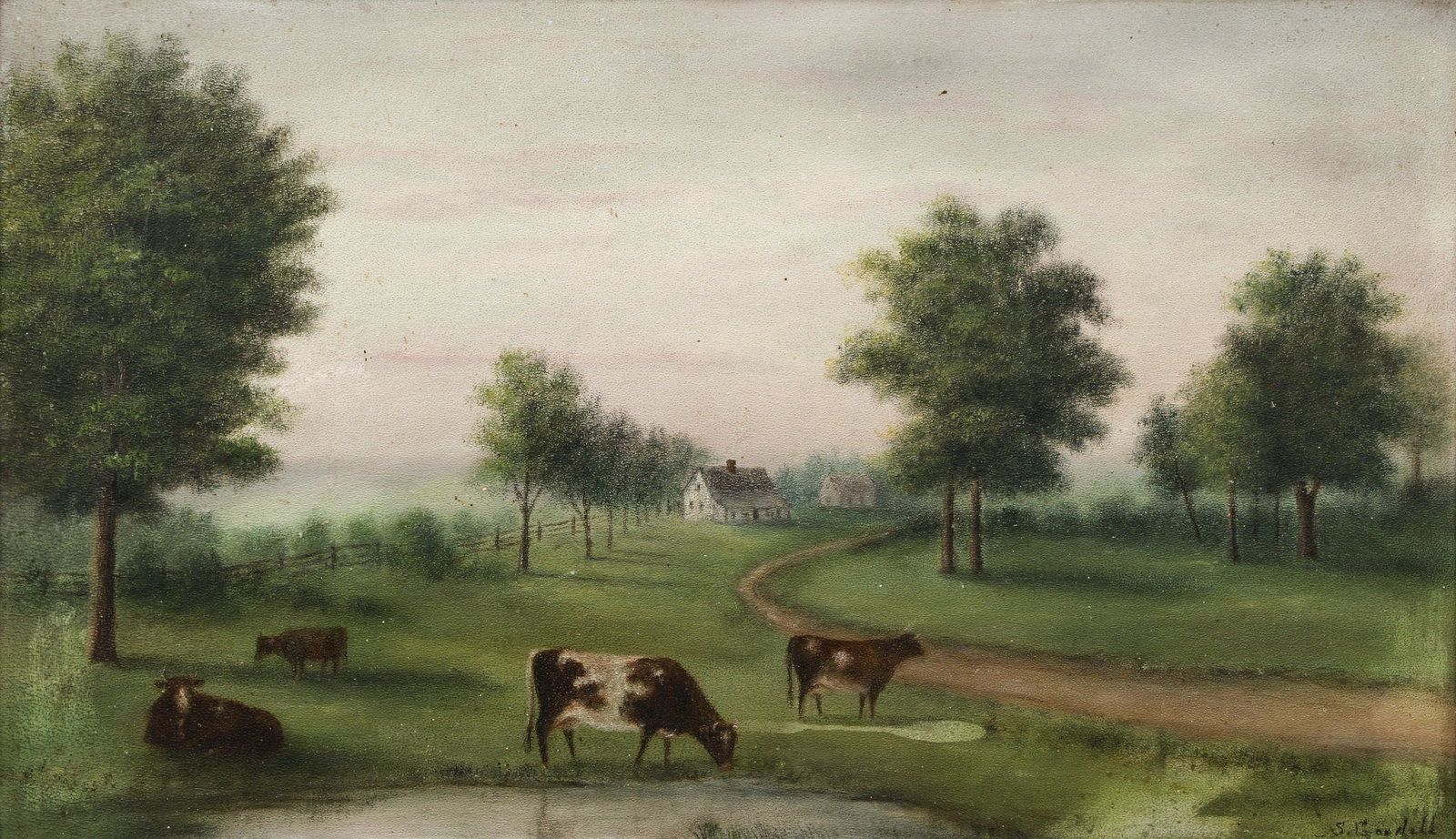 S Goodell Pastel and Oil Painting Farm Scene: Goodell (or Goodall), S., Farm Scene with Cows, early 20th or late 19th century, oil and pastel on textured board, signed by the artist lower right, 11.25 x 19.5 inches, framed 15.5 x 23.5 inches.