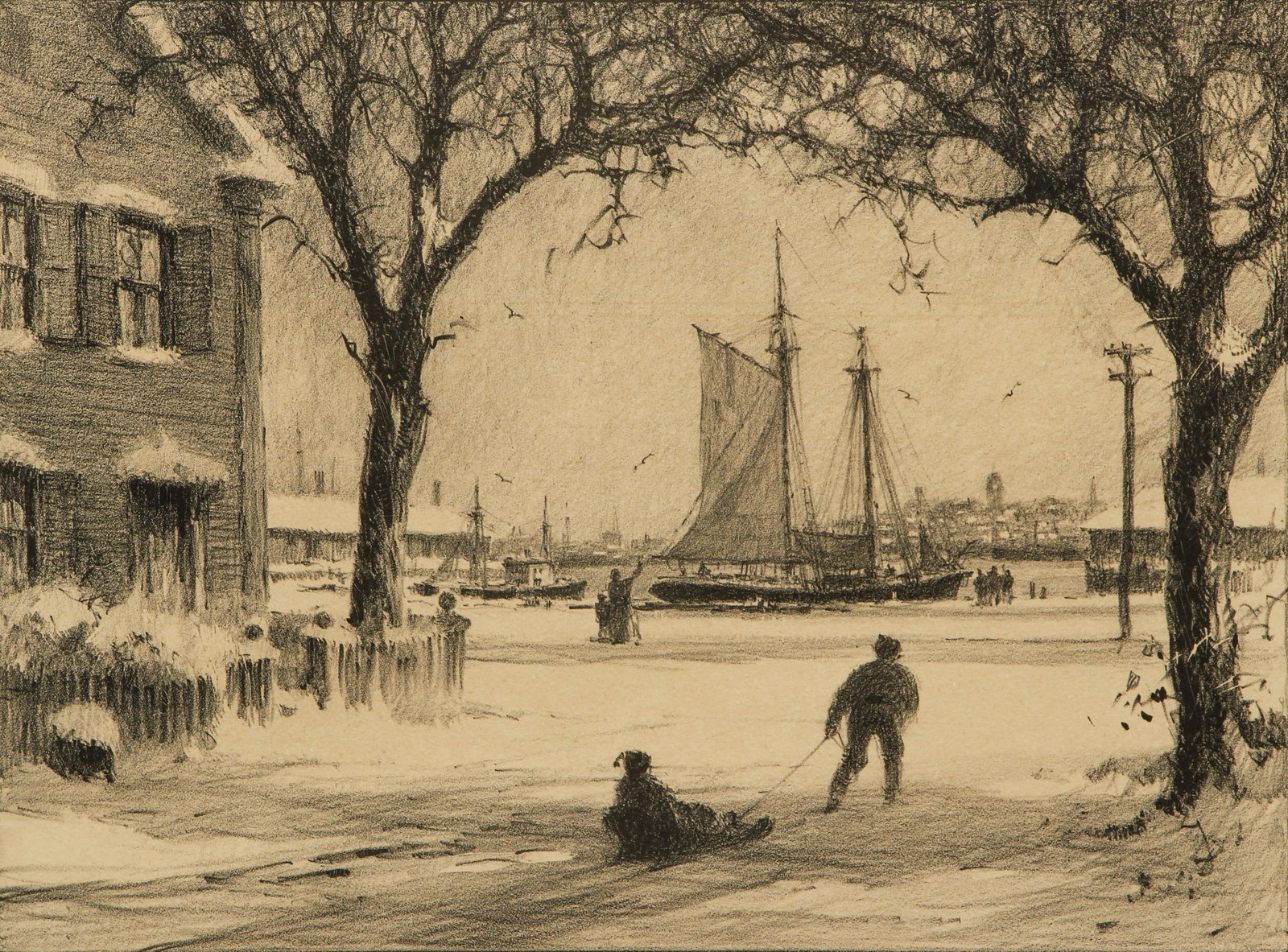 Gordon Grant Arching Elms Signed Litho: Grant, Gordon (American, 1875-1962), Arching Elms in Winter, 1940s, lithograph, signed in pencil lower right, from an edition of 250, published by the Associated American Artists with the original lab