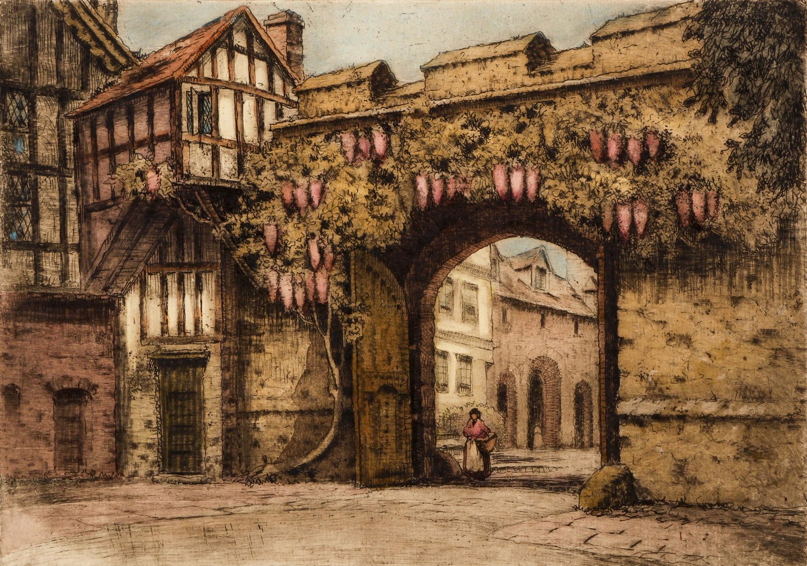 Robert Herdman Smith etching The Close Gate Winchester: Herdman- Smith A.R.W.A., Robert (British 1879-1945), The Close Gate, Winchester, etching and aquatint printed in colors, 6.8 x 9.75 inches, signed in pencil lower right, framed measuring 16 x 15 inche