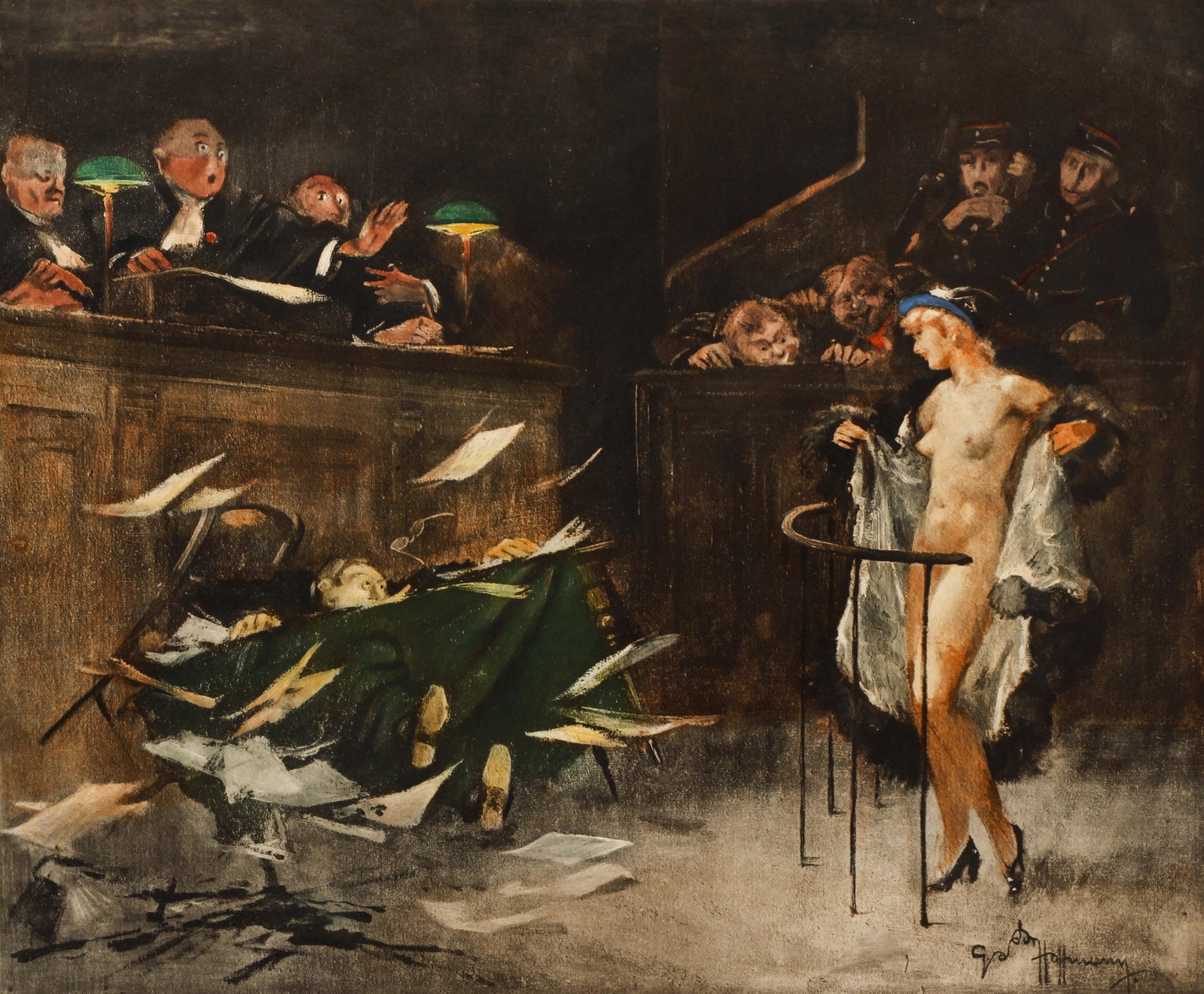 Gaston Hoffmann Ribald Courtroom Signed Print: Hoffmann, Gaston (French, 1883-1960), Nude in the Courtroom, color print, signed in pencil lower right and numbered 324 of 350 lower left, impression 14.25 x 17.5 inches, full sheet 19.5 x 24 inches, 