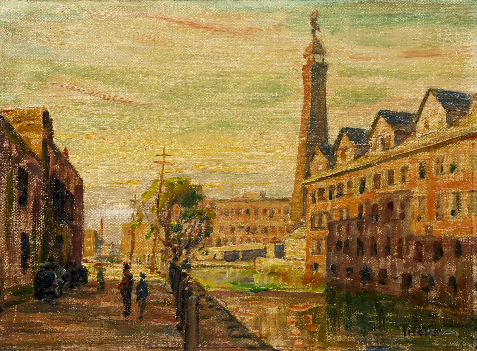 Inglis Oil Painting Urban Sunset: Inglis (20th century), Untitled Sunset, early 20th century, oil on canvas board, signed lower right, 11.75 x 15.75 inches, in a wood frame 17.75 x 21.75 inches.