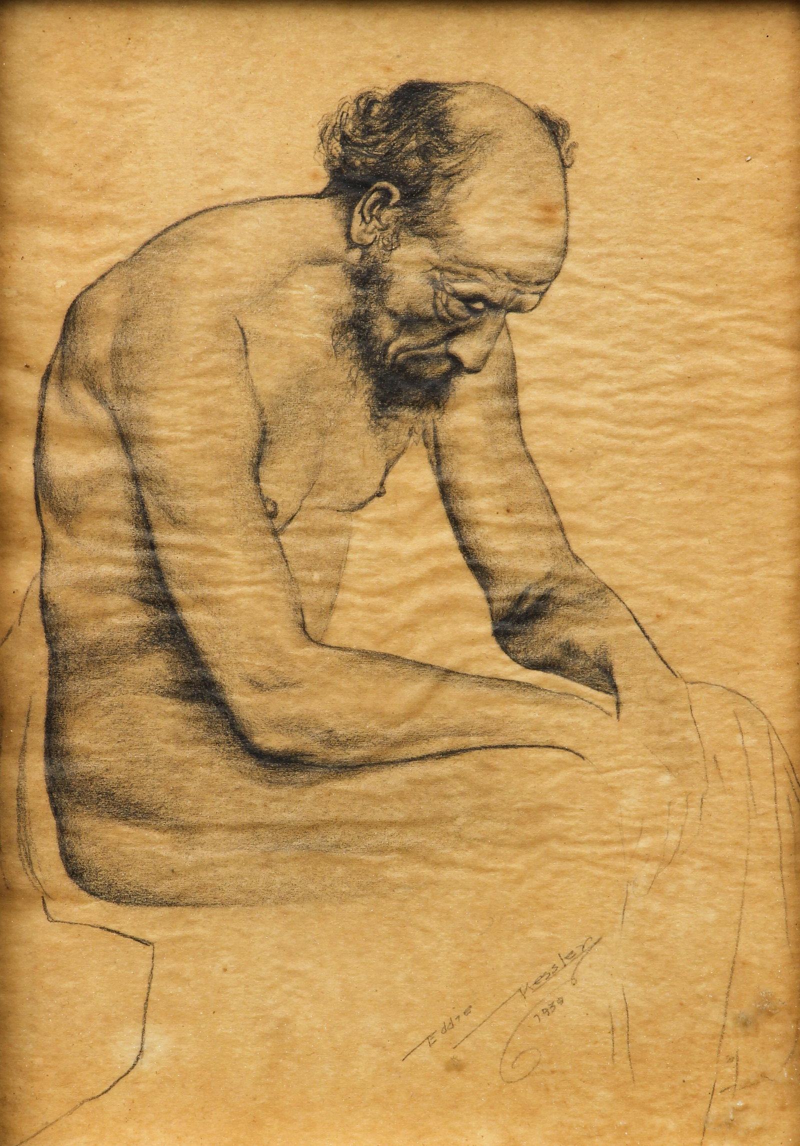 Eddie Kessler 1939 drawing Seated Nude Man: Kessler, Eddie (20th Century American School), Seated Nude Man, 1939, pencil and graphite on thin tracing paper, 6.75 x 4.5 inches, signed and dated lower right.