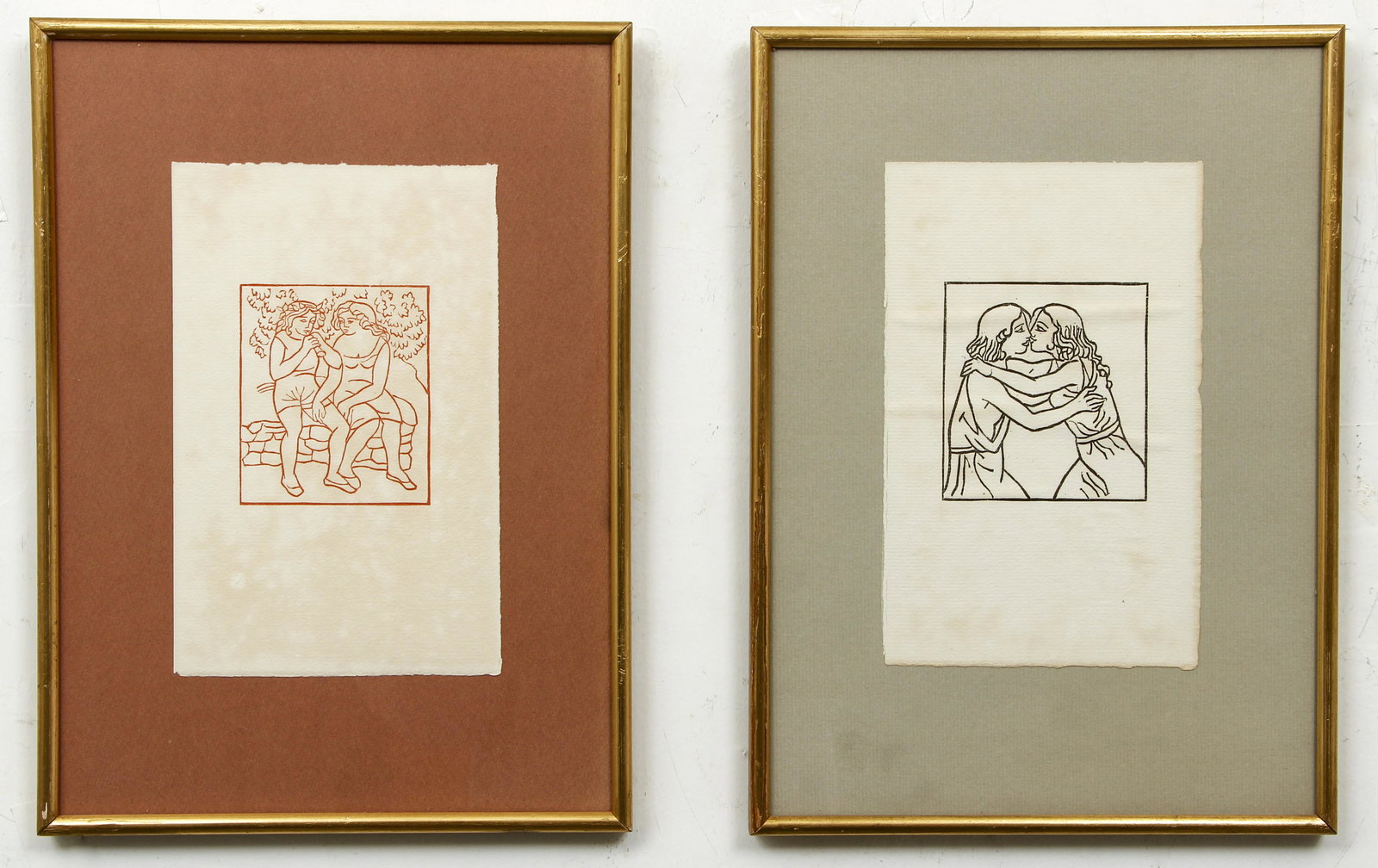 2 framed Maillol Woodcuts Daphnis Chloe: Maillol, Aristide (French, 1861-1944), 2 framed woodcuts from Daphnis and Chloe, 1937, from the edition of 500 published by Gonin, sheets measure around 8.5 x 5 inches, both framed 13.25 x 10 inches.