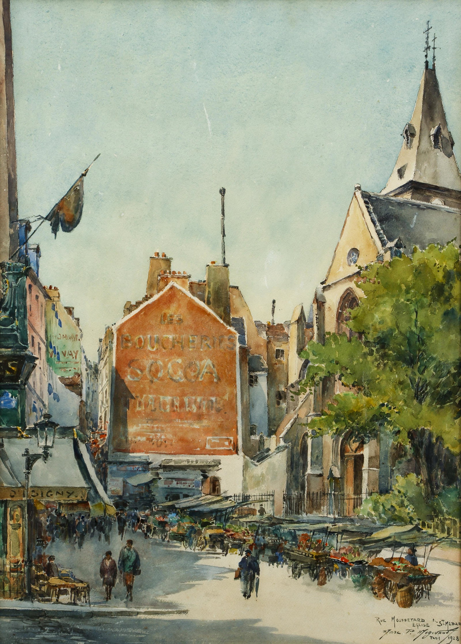 Marc Megevand Watercolor Painting Paris 1928: Megevand, Marc P. (French, 20th century), Rue Moffetard Eglise St. Medard, 1928, watercolor on paper, signed, titled and dated lower right, 24 x 17 inches, in a vintage frame 27.5 x 20.75 inches, a lo