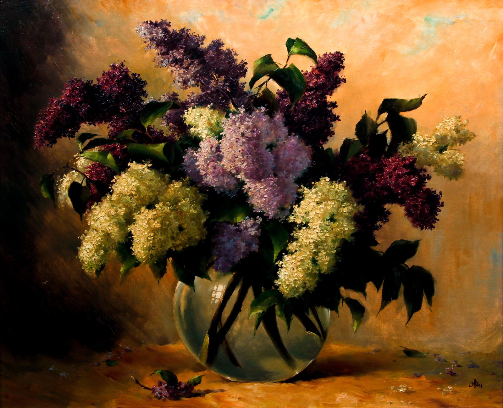 Still Life of Lilacs oil painting: Ottesi, Possibly (20th Century Still Life School), Still Life of Lilacs in a Glass Bowl, oil on canvas board, 27 x 33 inches, signed indistinctly lower right, framed in a silver leaf frame measuring 3