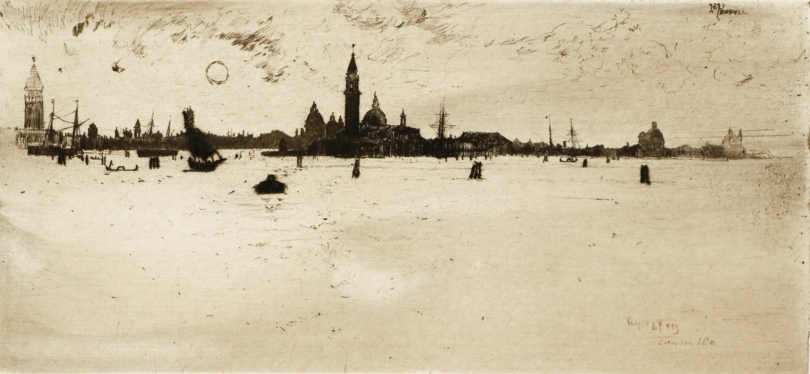 Joseph Pennell Venice from the Sea Etching 1883: Pennell, Joseph (American, 1857-1926), Venice From the Sea, etching on wove paper, impression approximately 3.75 x 8.25 inches, full sheet 8.75 x 12.5 inches, signed in the plate and annotated "Venice