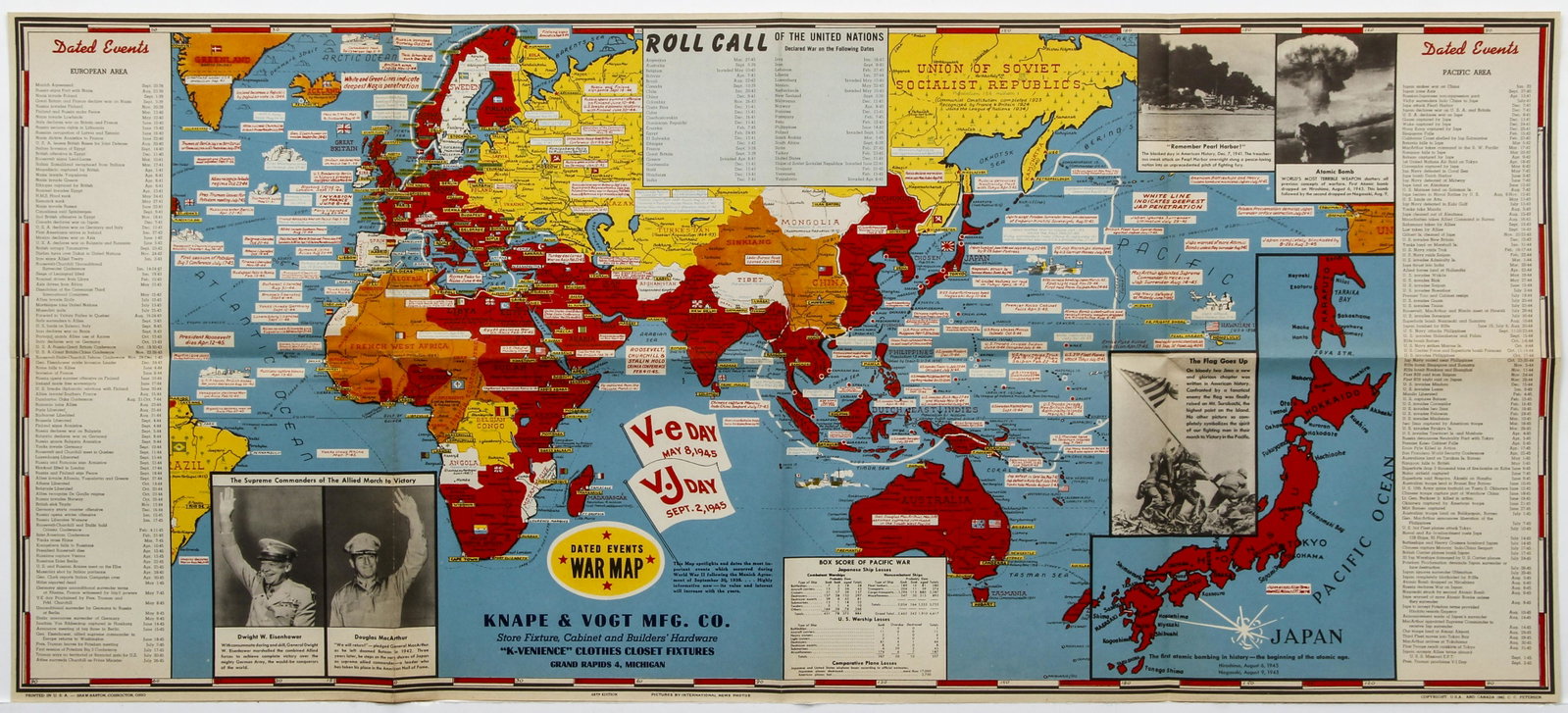 Dated Events World War 2 Map Petersen: Petersen, C. C., Dated Events War Map, c.1945, color map on paper, mechanically folded as originally issued, 17.25 x 39 inches, this version sponsored by Knape and Vogt of Grand Rapids, Michigan.