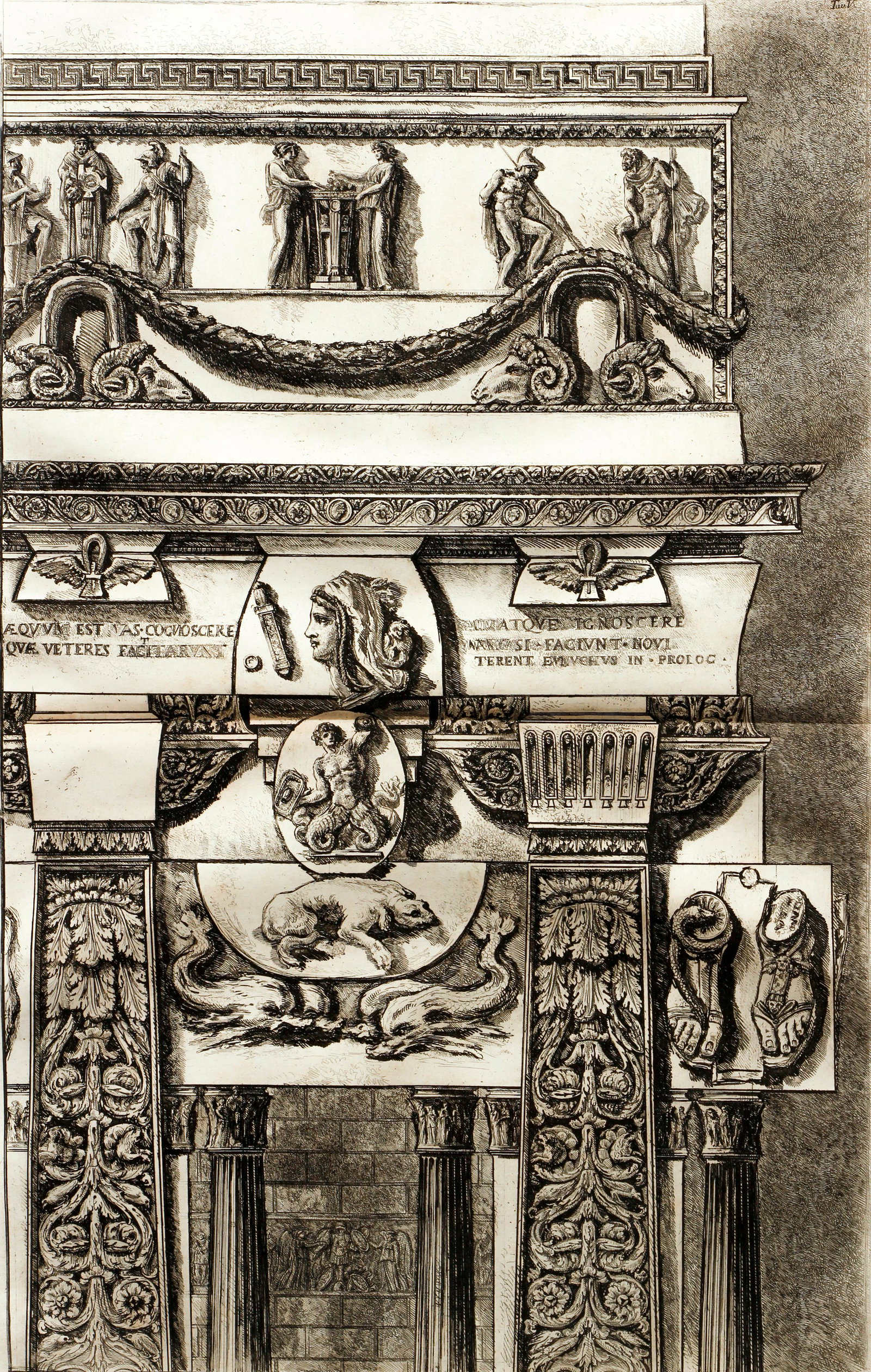 Piranesi period engraving Motivi di Decorazione: Piranesi, Giovanni Battista (Giambattista) (Italian 1720-1778) , Motivi di decorazione architettonica, 1765, engraving, 24 x15.5 inches, the full sheet with fold running horizontally.