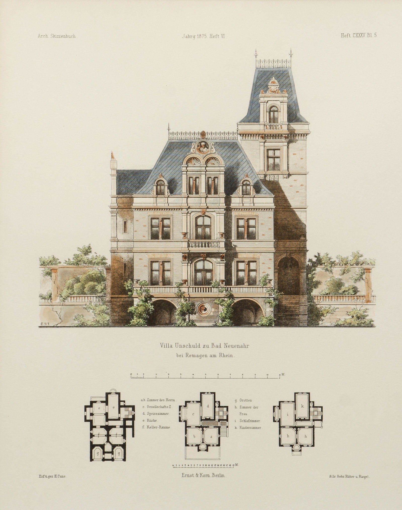 Villa Unschuld zu Bad Neuenahr Architectural Litho: Ritter, After Rigel and, Villa Unschuld zu Bad Neuenahr, c.1875, hand-colored lithograph, 13 x 9.75 inches, matted and framed 23 x 19.75 inches.