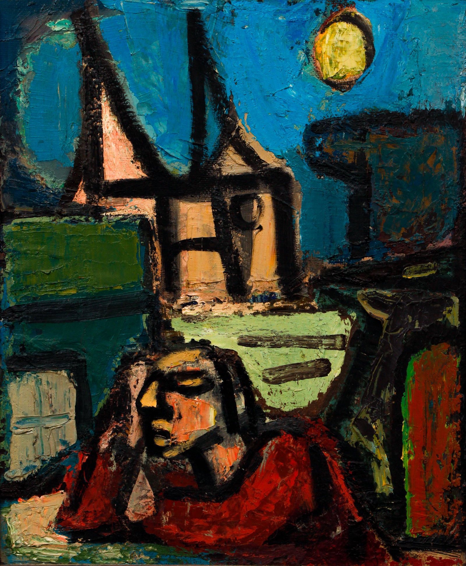 Manner of Georges Rouault 1939 Painting: Manner of Georges Rouault, (French 1871-1958), Man in Undefined Urban Cityscape, 1939, oil on masonite panel, 18.25 x 15 inches, Provenance: Madame Rotchilde Paris 1950; Panalbo International Gallery,
