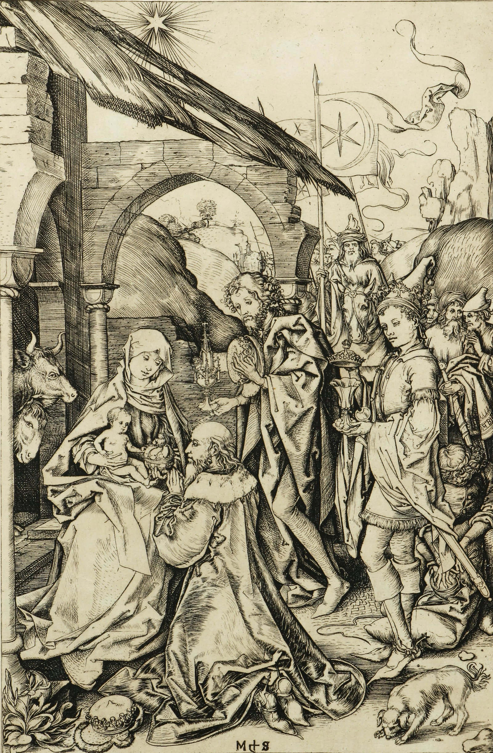 Martin Schongauer print The Adoration of the Magi: Schongauer, Martin (German, Colmar ca. 1435/50–1491 Breisach), The Adoration of the Magi, 20th Century print , framed measuring 15 x 11.5 inches.
