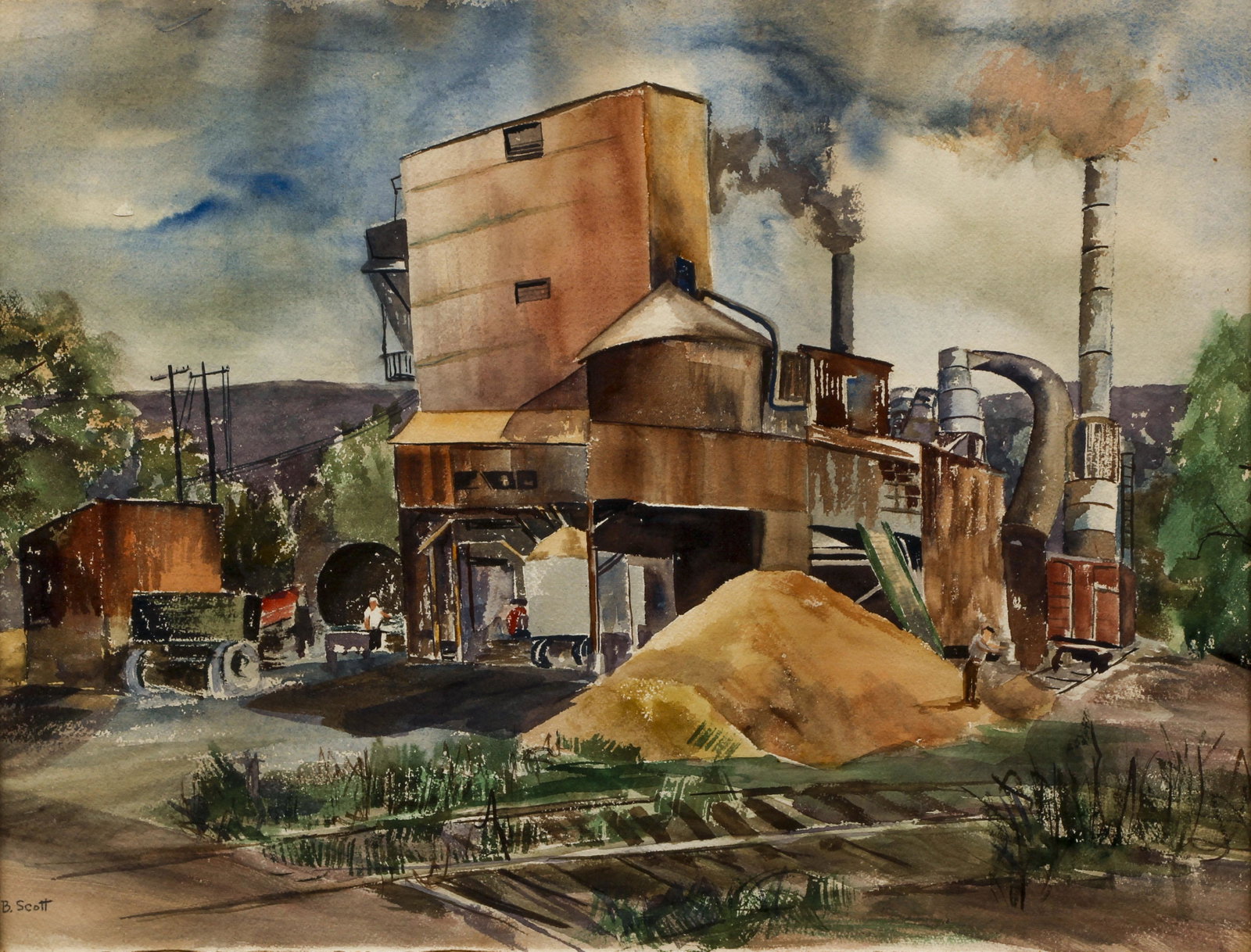B. Scott watercolor Industrial Site: Scott, B. (20th Century American Scene School), Industrial Site, watercolor 15 x 20 inches, signed lower left B. Scott, framed measuring 18.5 x 22.5 inches, Provenance: The Estate of Charles M. Diez, 