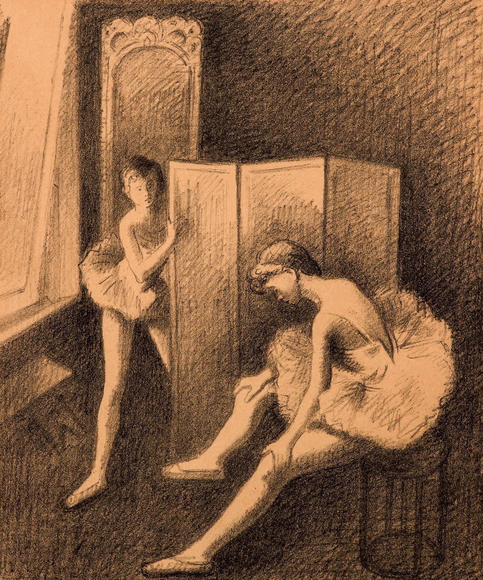 Moses Soyer lithograph Back Stage: Soyer, Moses (American 1899-1940), Back Stage, lithograph, 11 x 9.5 inches, pencil signed and titled along the lower margin, Published by Associate American Artists, framed measuring 18.65 x 14.75 inc